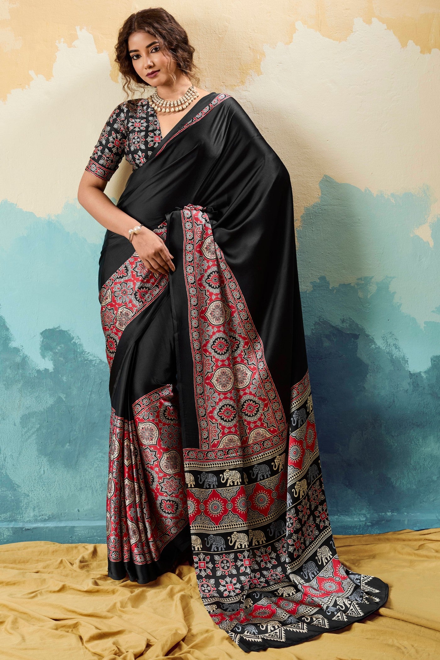 Buy MySilkLove Black Lichen Modal Ajrakh Satin Printed Silk Saree Online