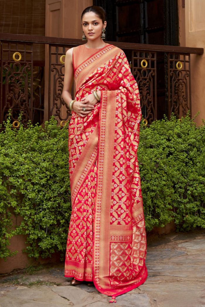 Buy MySilkLove Rose Red Woven Banarasi Saree Online