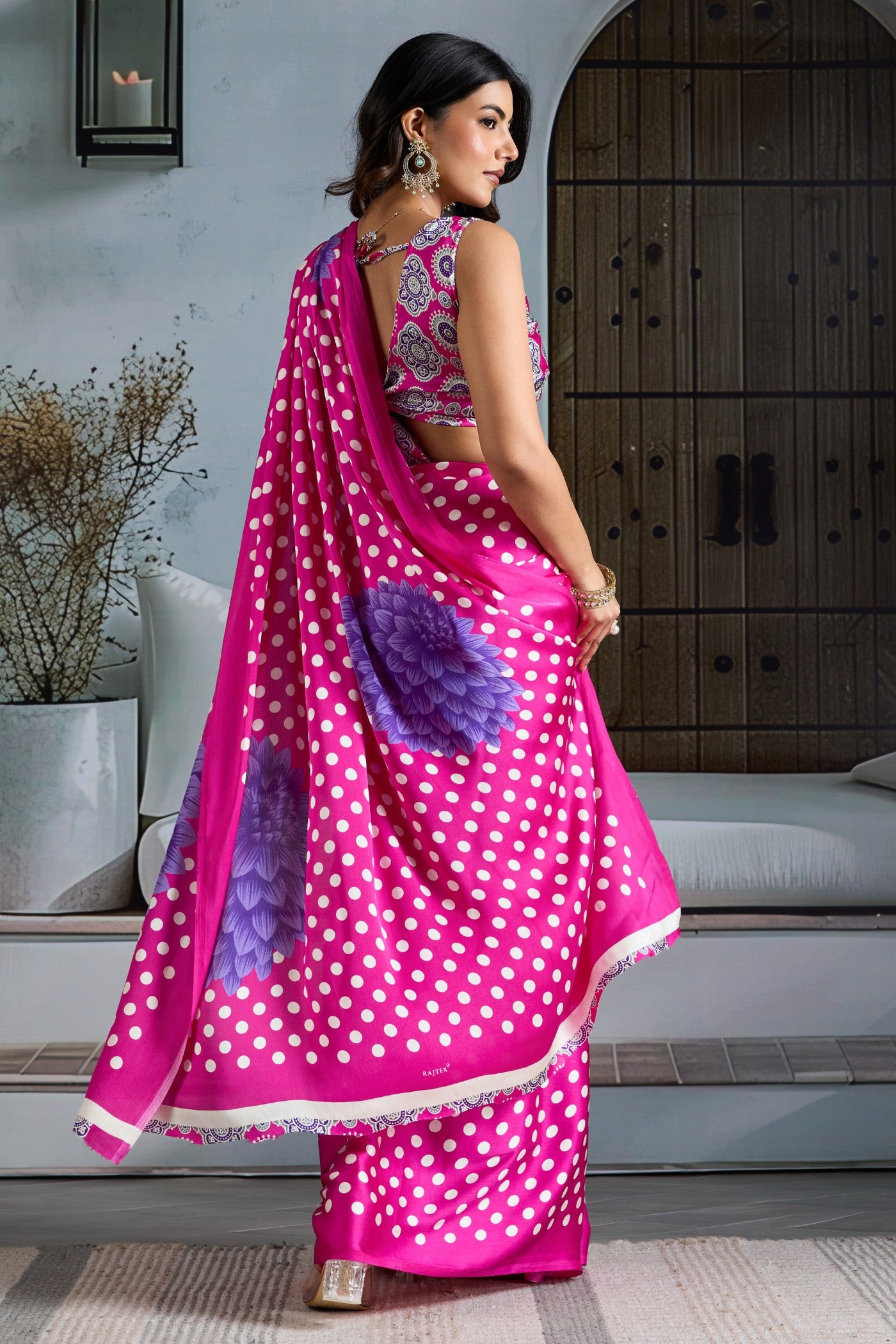 Buy MySilkLove Periwinkle Pink Printed Polka Dots Satin Crepe Saree Online