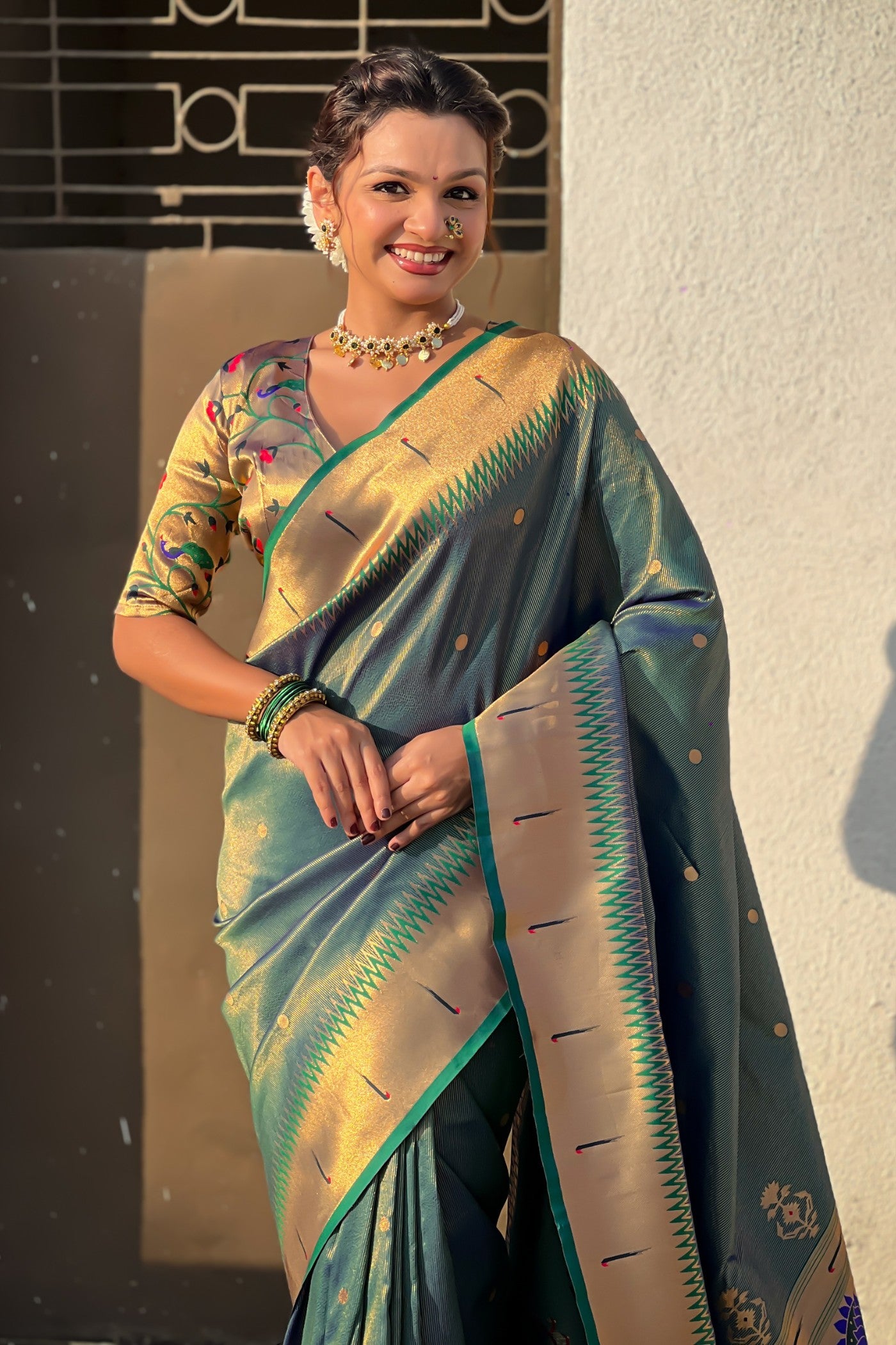 MySilkLove Emerald Green Woven Tissue Paithani Saree