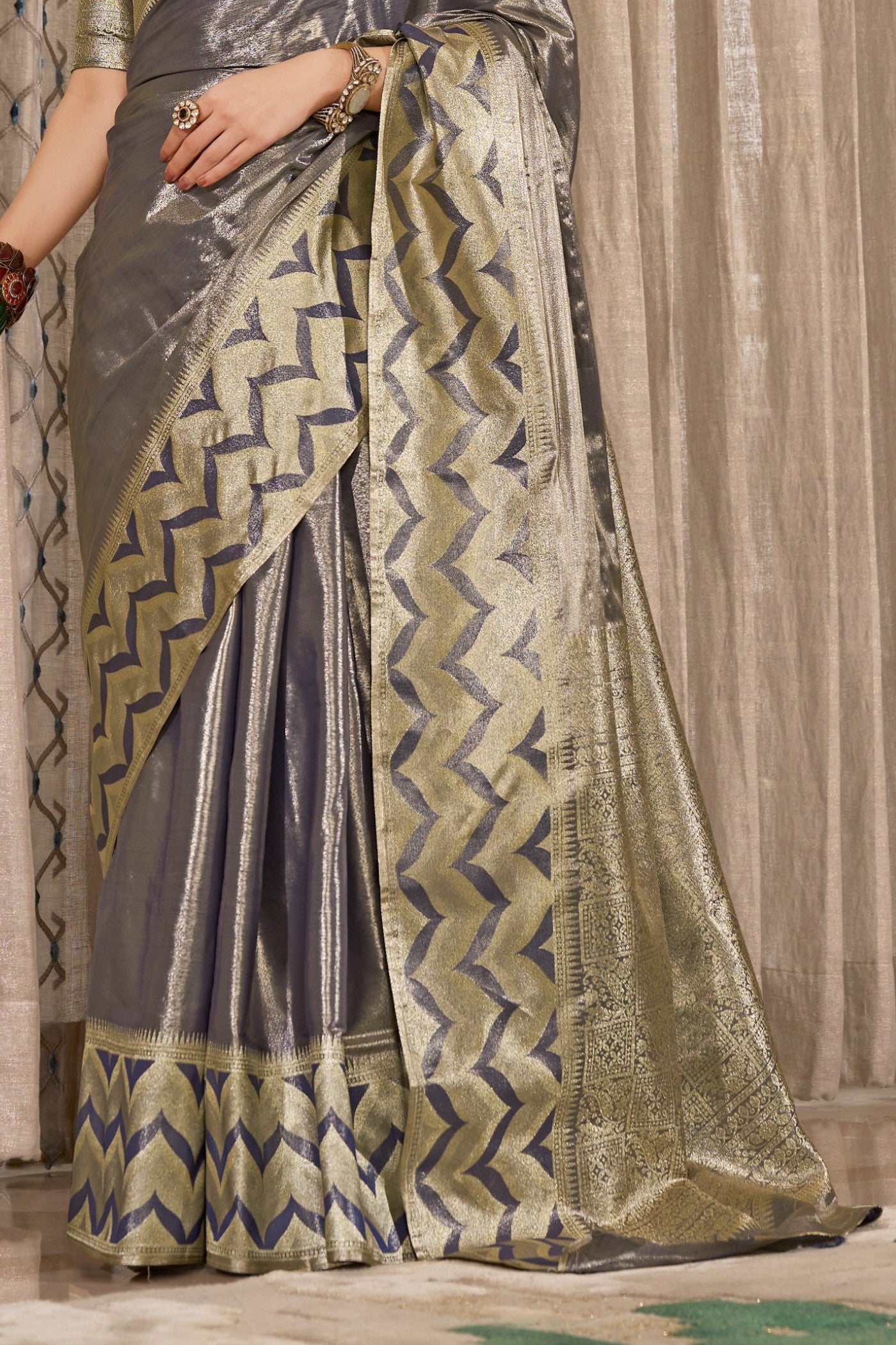 Buy MySilkLove Fleecy Grey Handloom Tissue Saree Online
