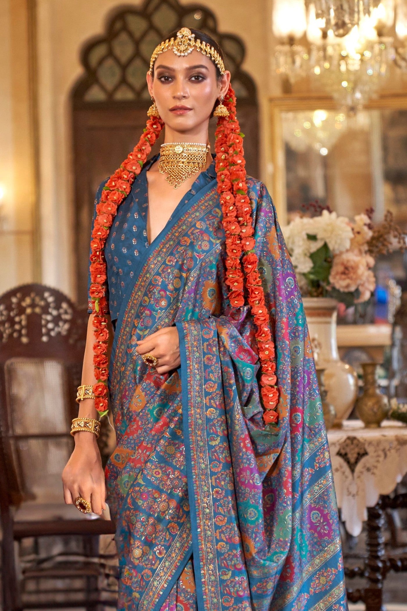 Buy MySilkLove Mulled Blue Printed Jamewar Saree Online