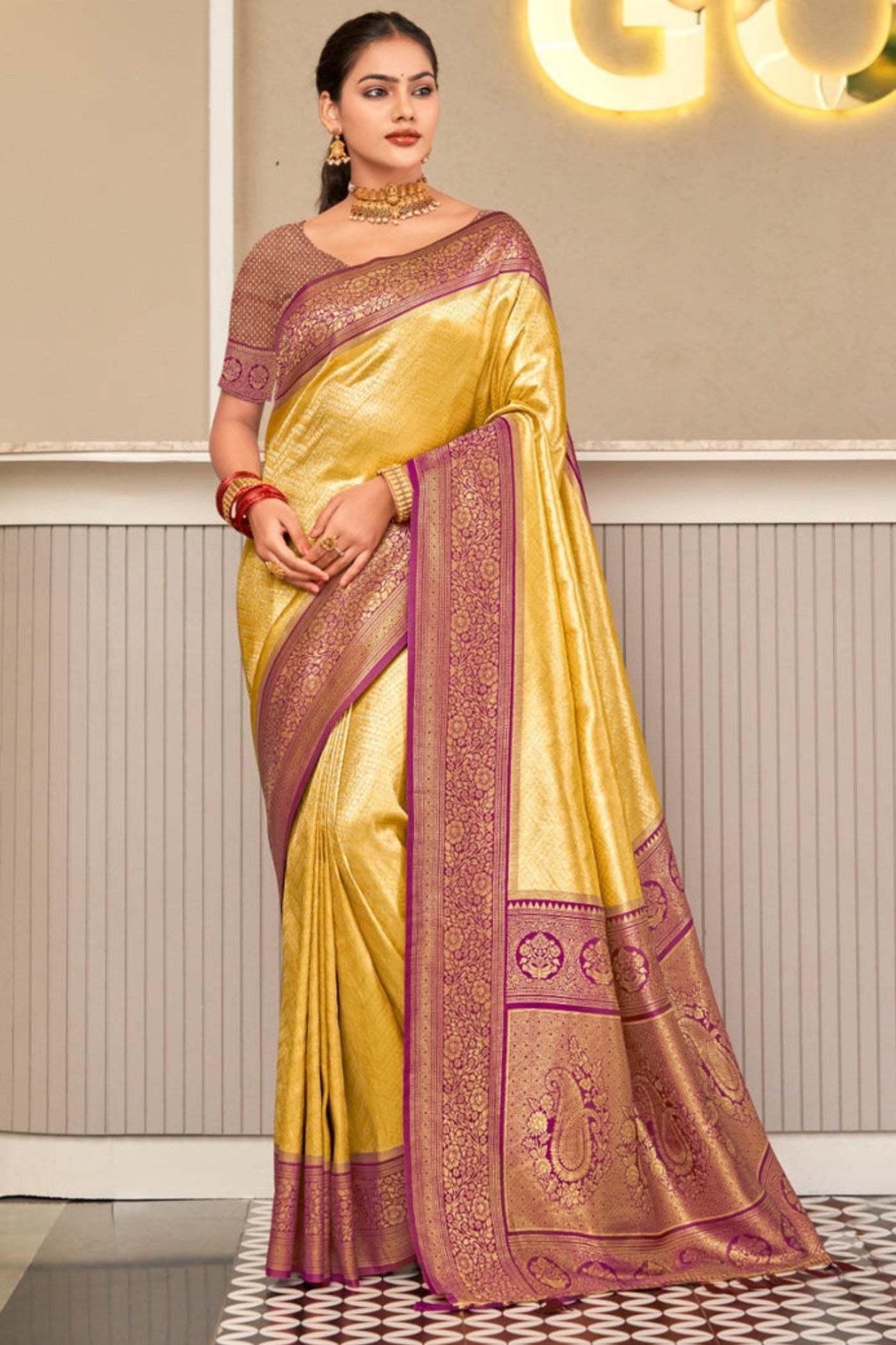 Buy MySilkLove Turmeric Yellow Zari Woven Kanjivaram Saree Online