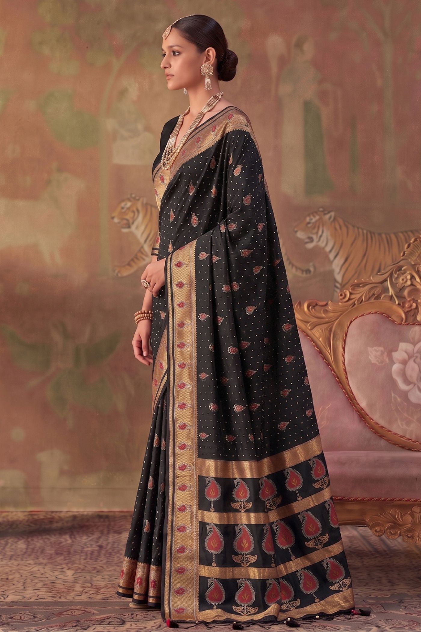 Buy MySilkLove Graphite Black Woven Banarasi Soft Silk Saree Online