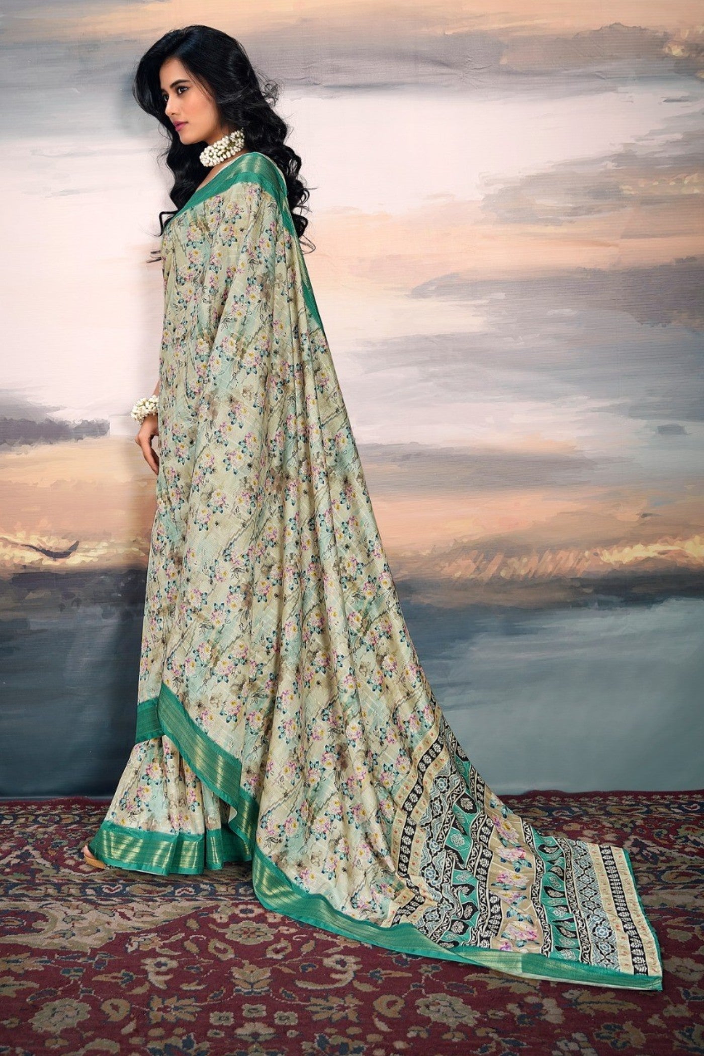 Buy MySilkLove Pale Oyster Green Digital Printed Cotton Saree Online