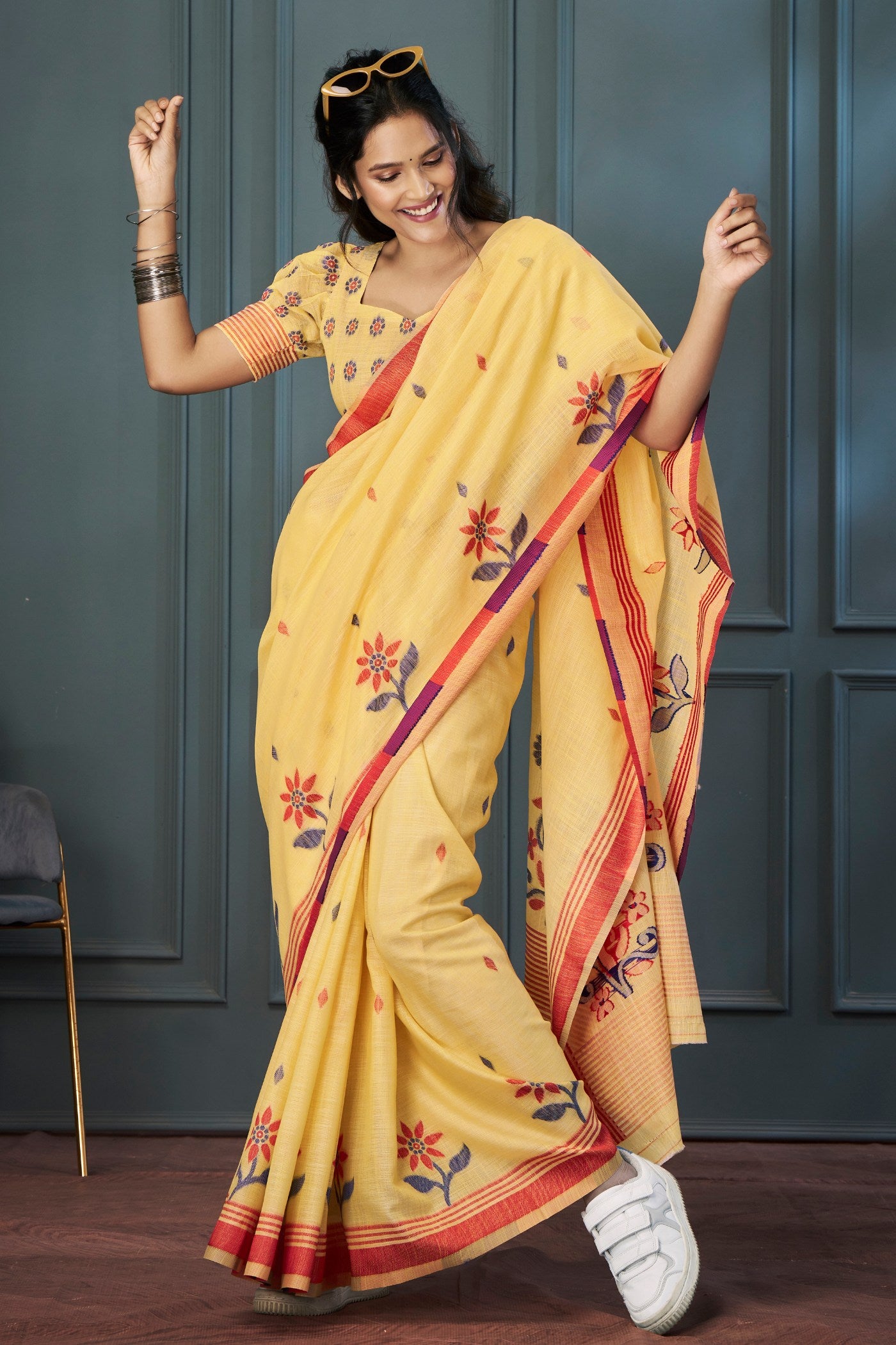 Buy MySilkLove Sunset Pearl Yellow Handloom Linen Saree Online