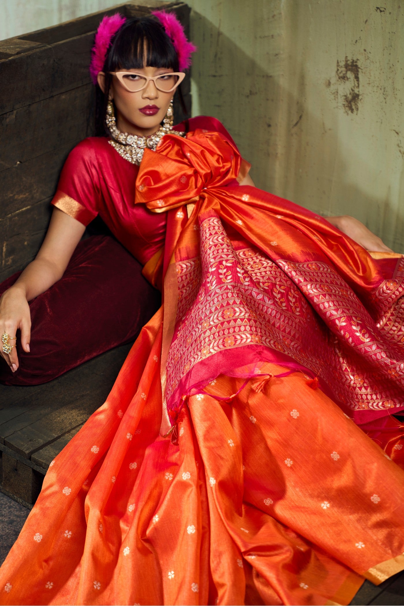 MySilkLove Tangerine Orange Tussar Handloom Silk Saree