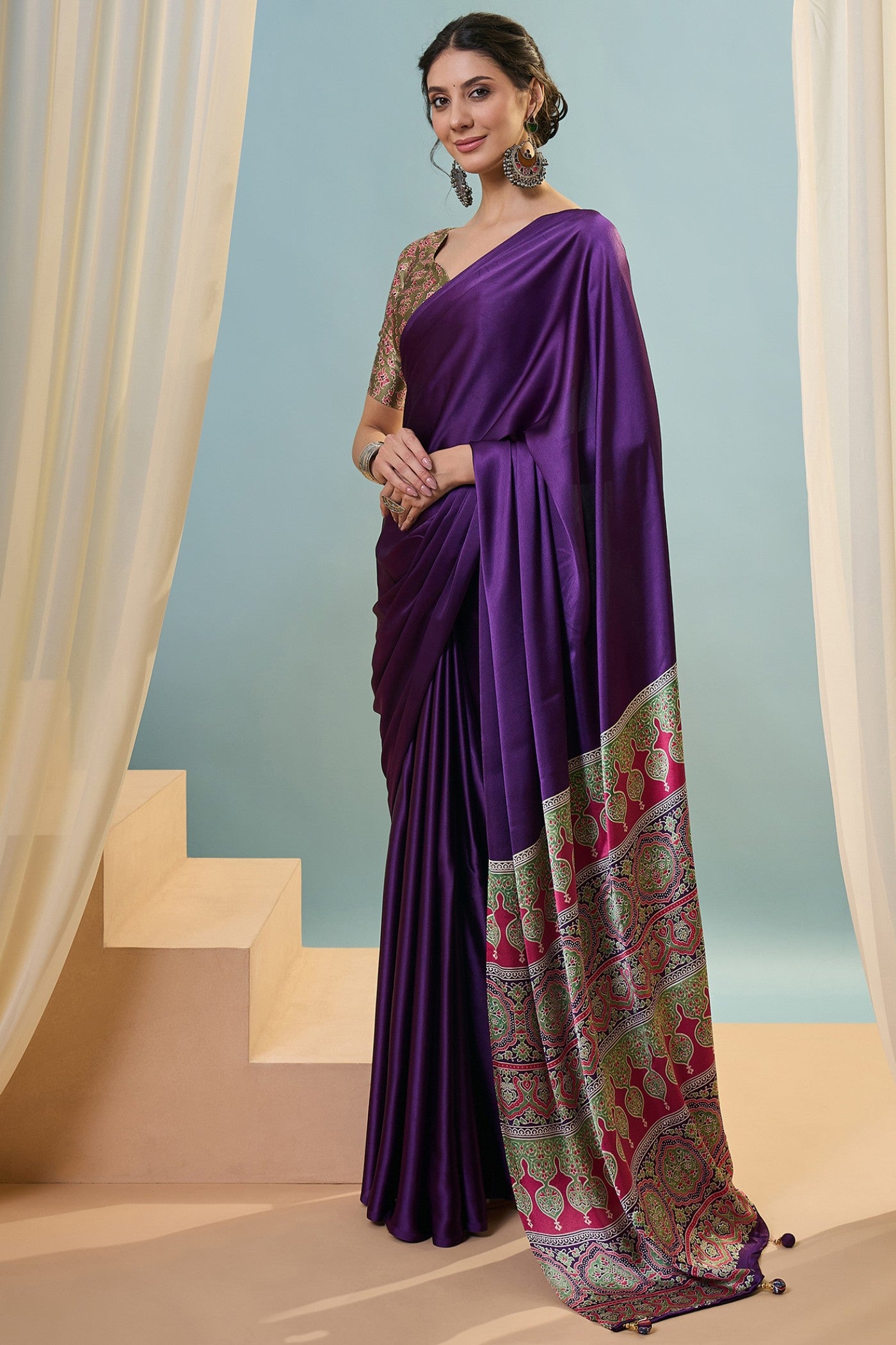 Buy MySilkLove Starlit Purple Ajrakh Printed Satin Crepe Silk Saree Online