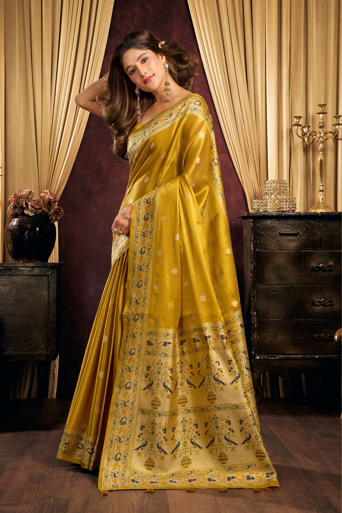 Buy MySilkLove Golden Yellow Woven Tissue Paithani Saree Online