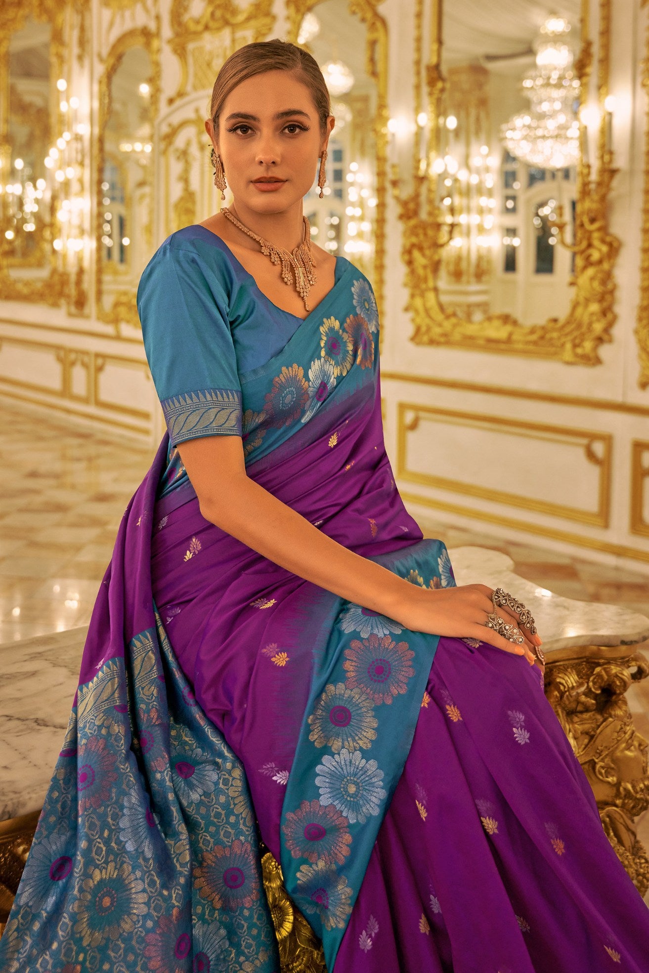 Buy MySilkLove Plum Purple and Blue Woven Banarasi Saree Online