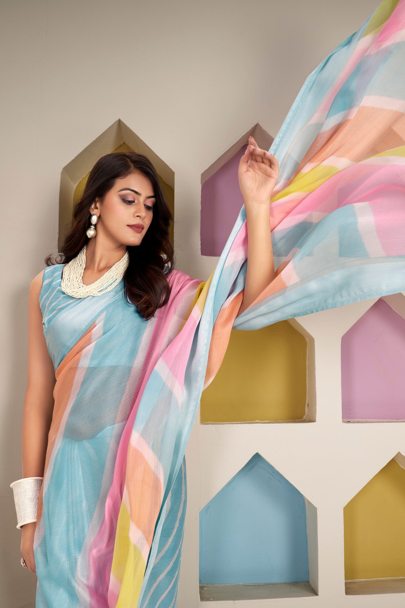 Buy MySilkLove Whale Blue Printed Satin Silk Saree Online