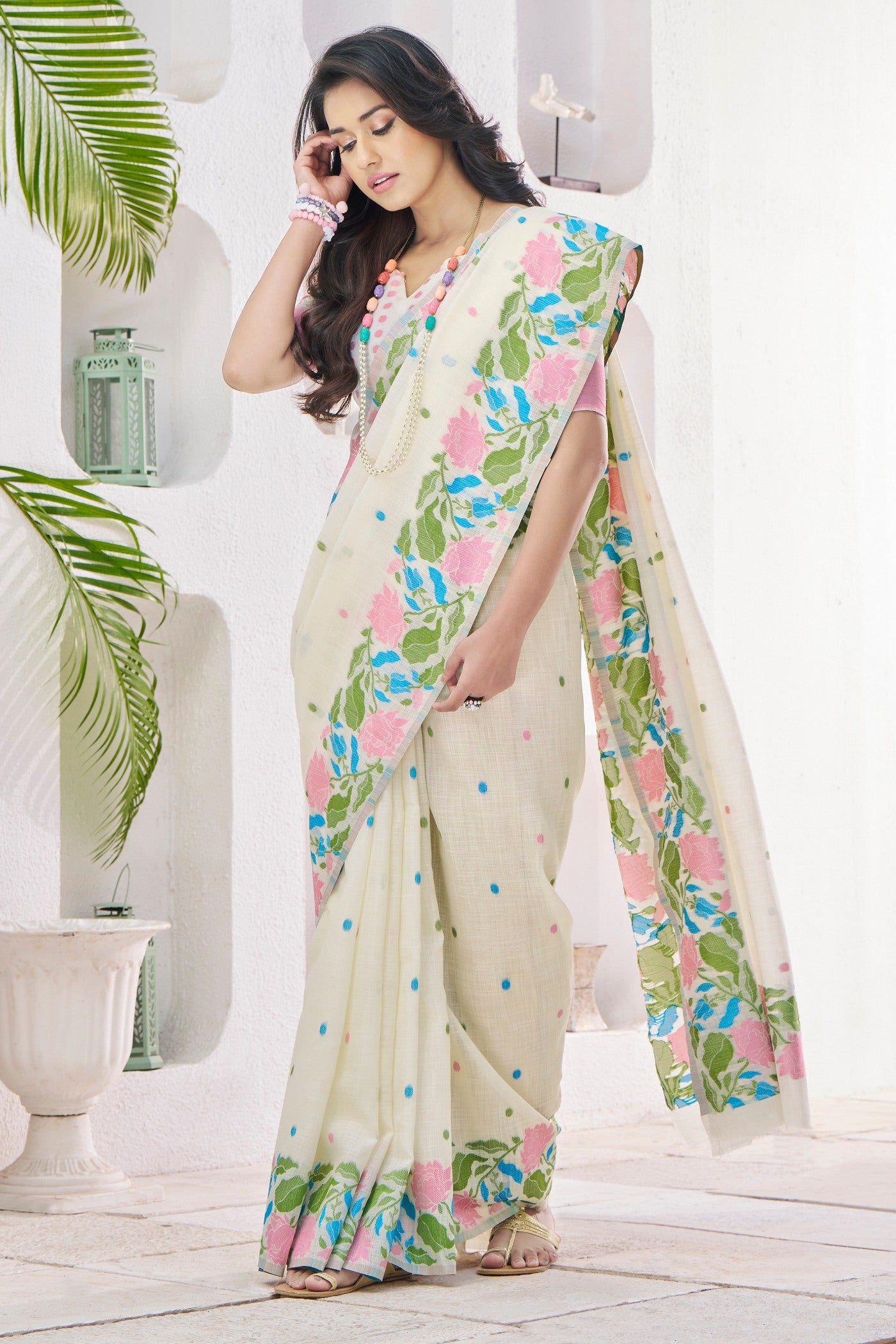 Buy MySilkLove Sisal White Woven Linen Saree Online