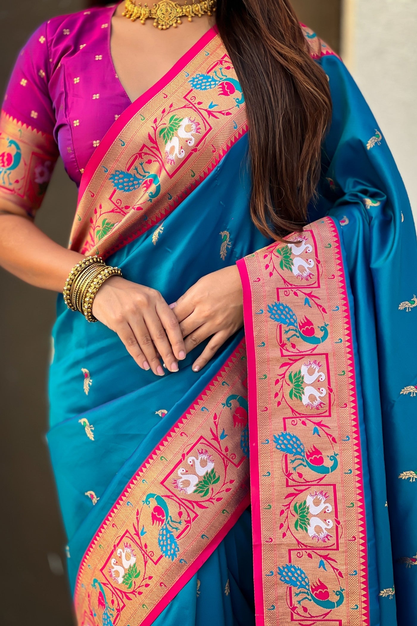 Buy MySilkLove Dusty Blue Zari Woven Paithani Saree Online