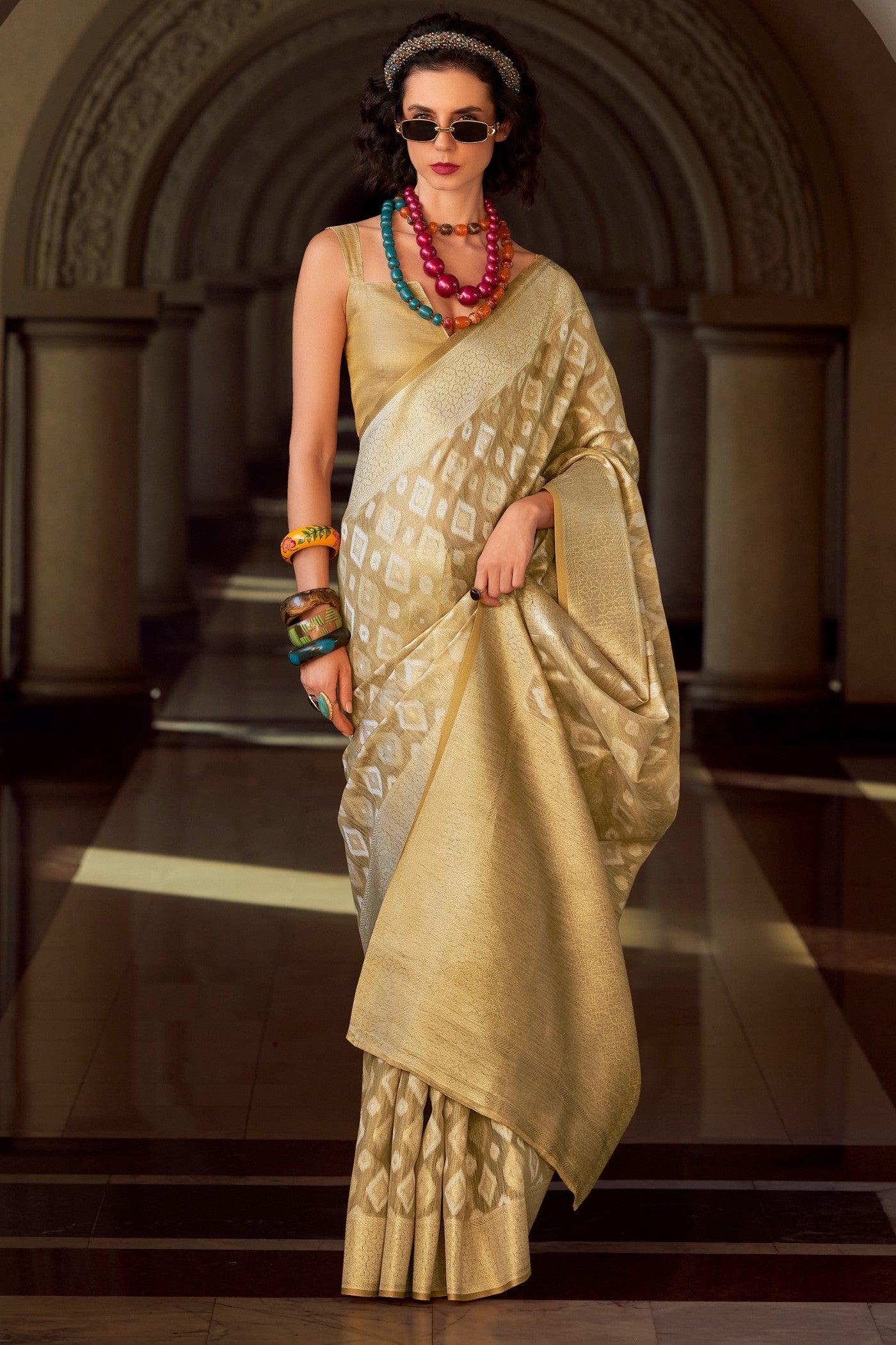 Buy MySilkLove Butter Cream Tissue Silk Saree Online