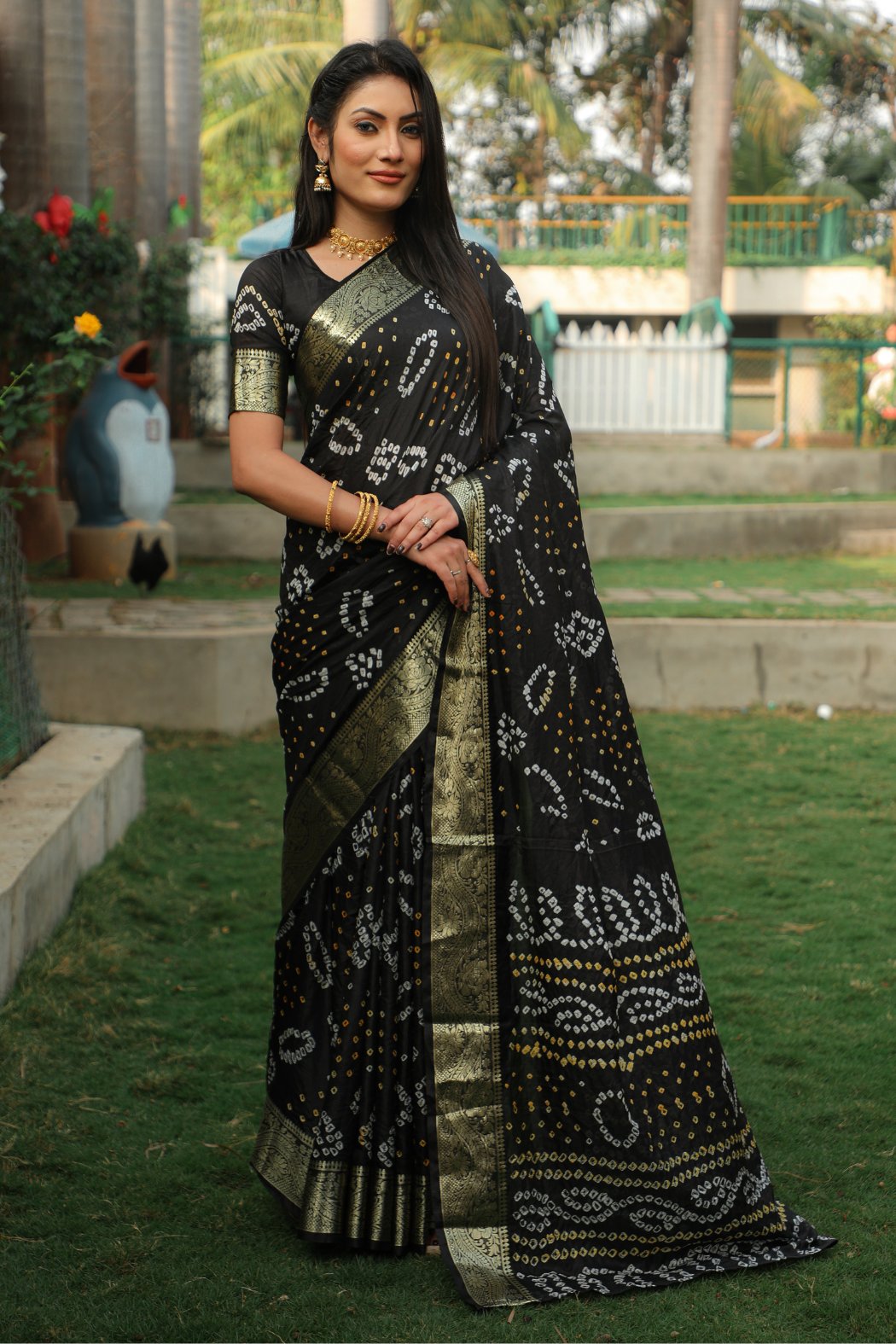 Buy MySilkLove Eerie Black Designer Bandhani Printed Saree Online