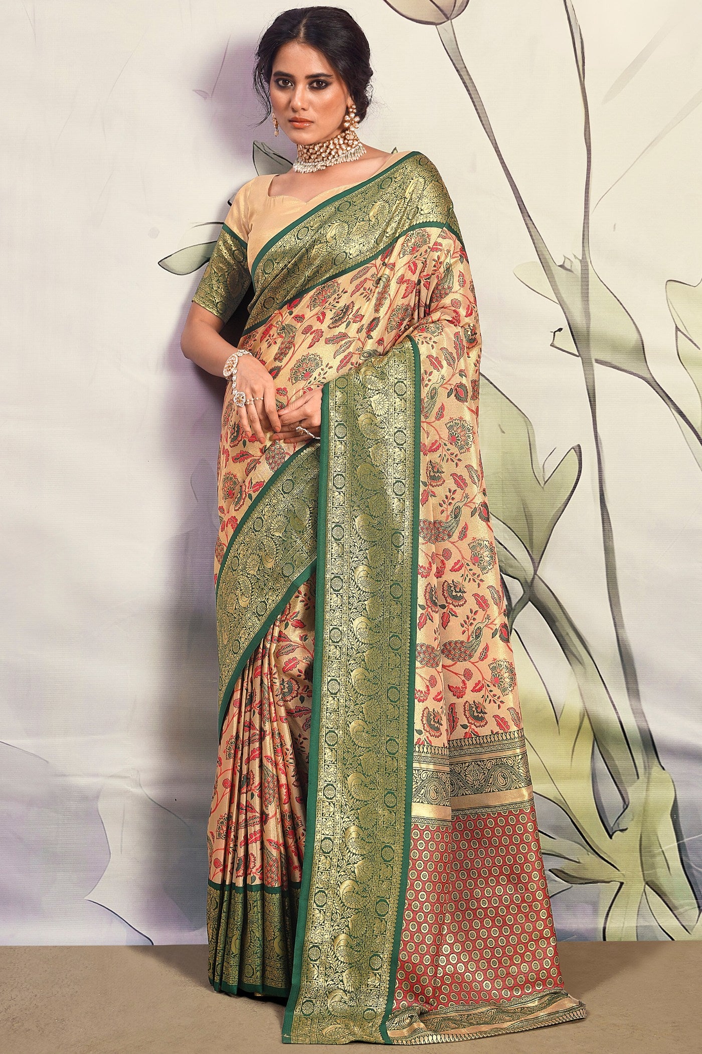 Buy MySilkLove Finlandia Green and Cream Woven Banarasi Saree Online