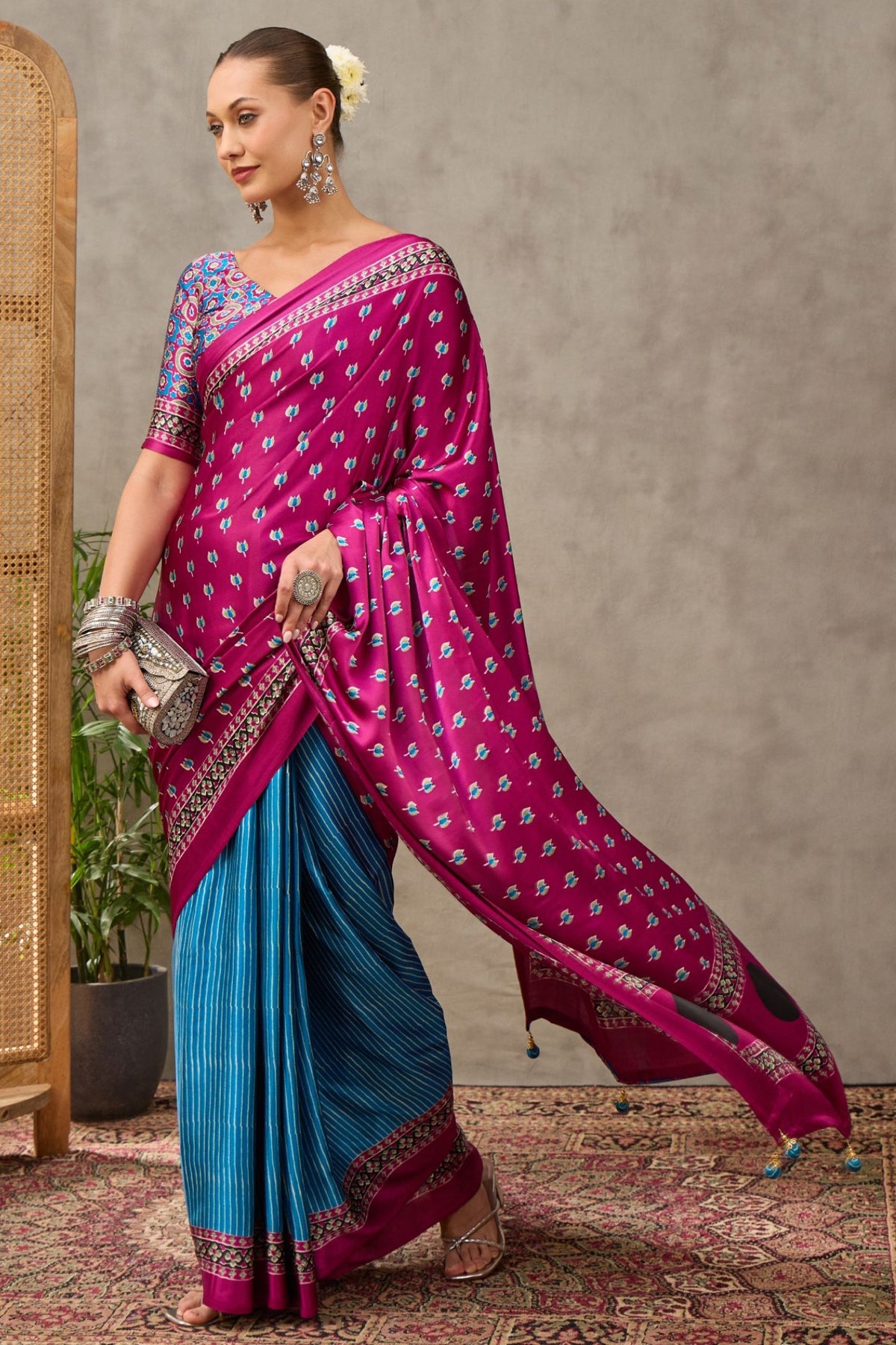 Buy MySilkLove Fuchsia Pink and Blue Modal Satin Printed Silk Saree Online