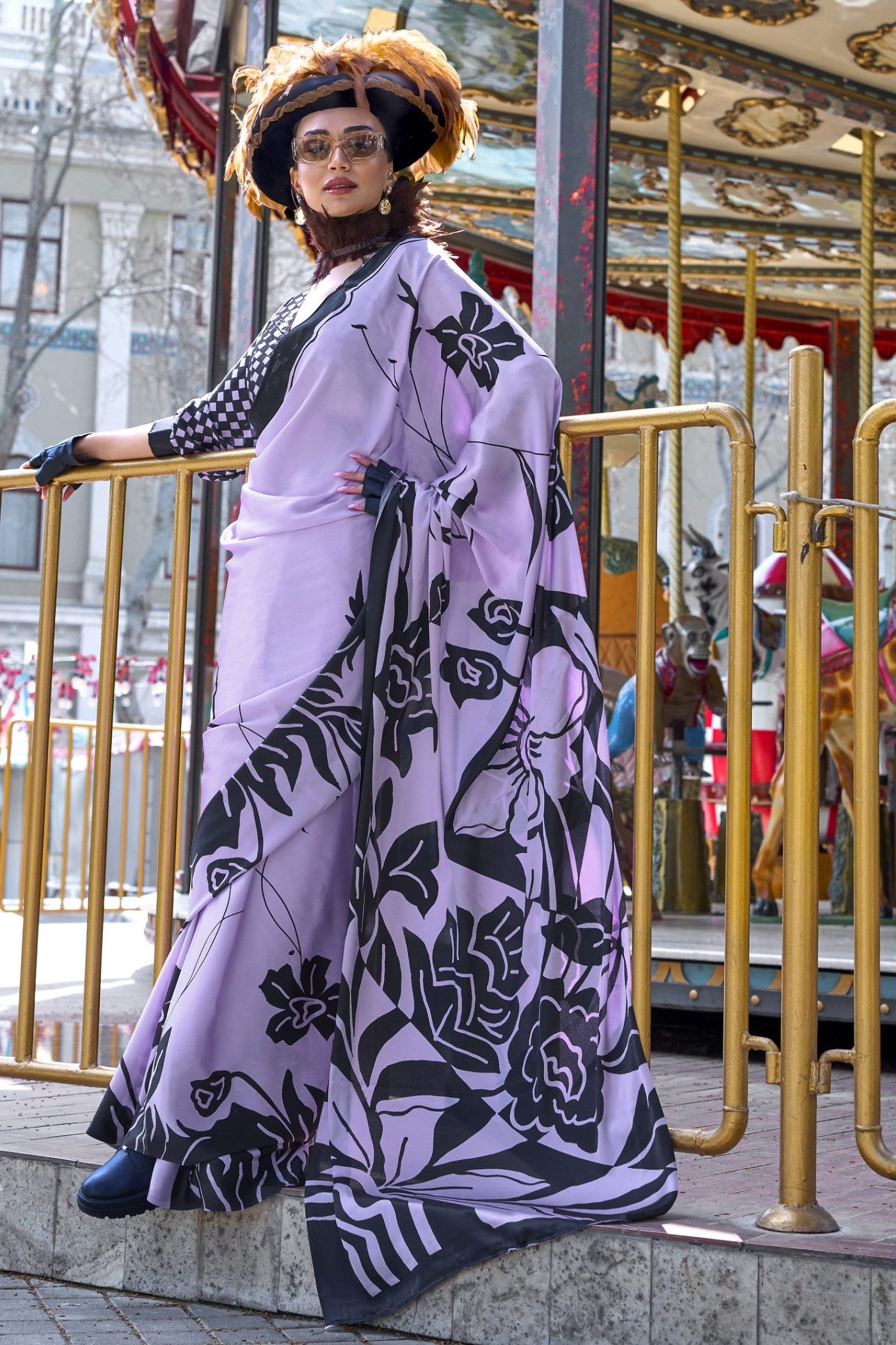 Buy MySilkLove Pale Purple Printed Satin Crepe Silk Saree Online