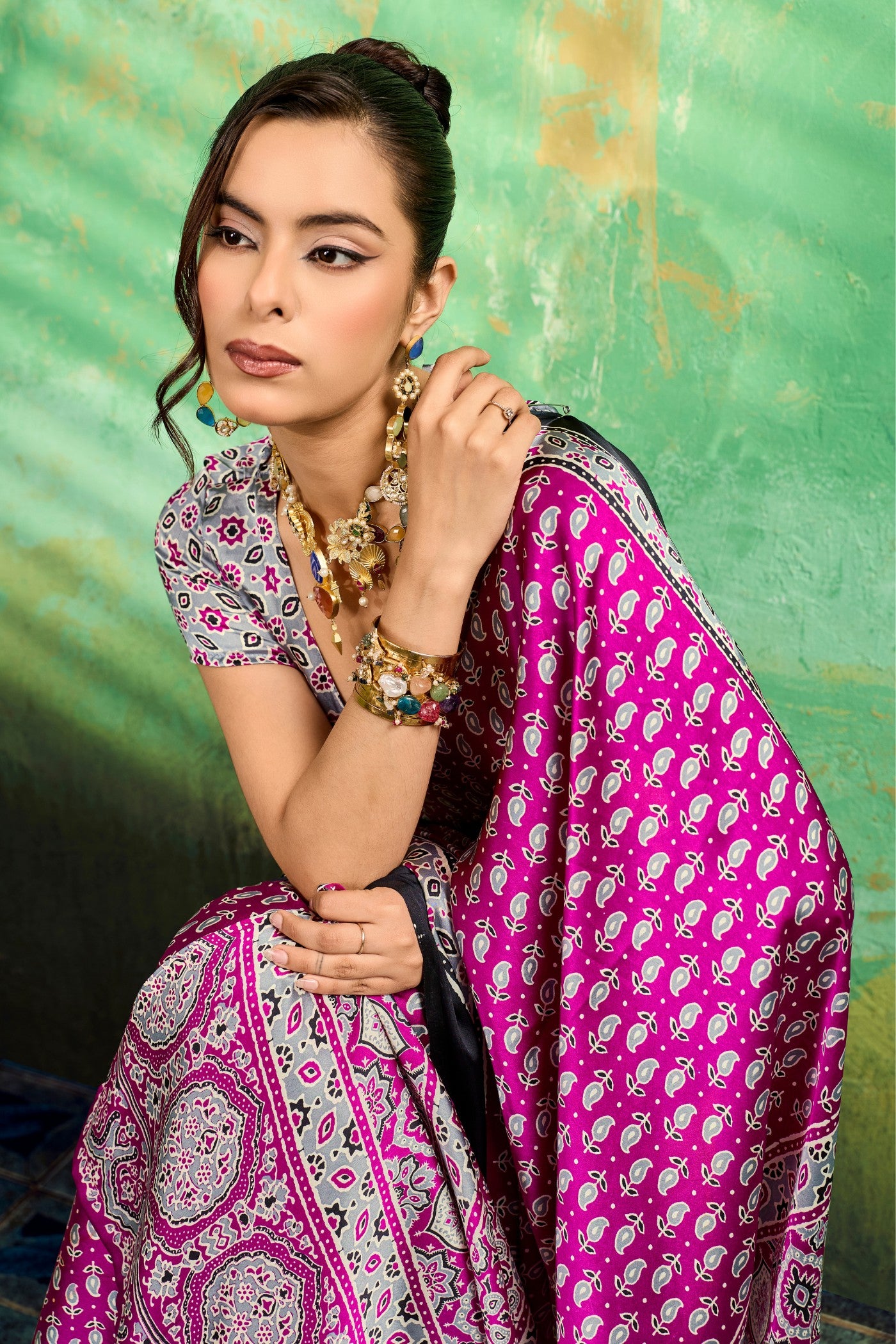 Buy MySilkLove Eminence Purple Modal Ajrakh Satin Printed Silk Saree Online