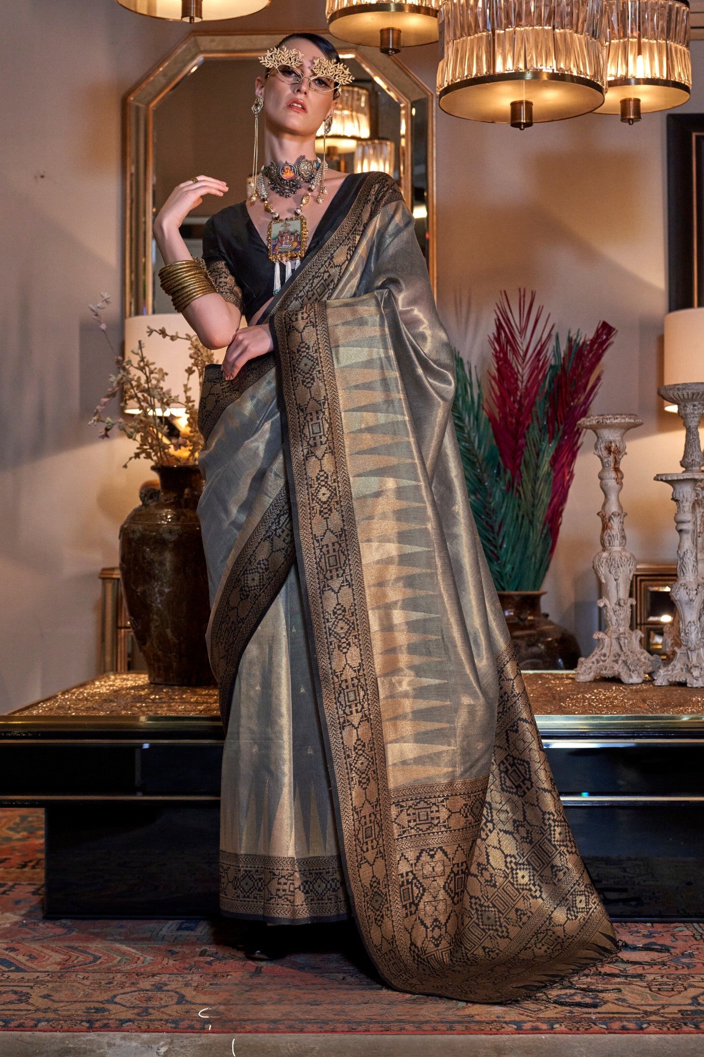 Buy MySilkLove Smokey Grey Woven Tissue Silk Saree Online