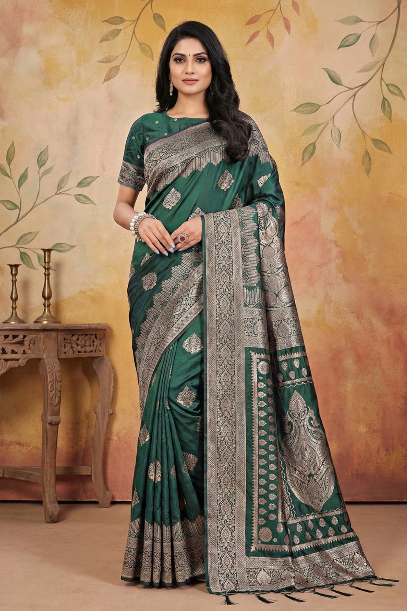 Buy MySilkLove Bottle Green Woven Banarasi Silk Saree Online