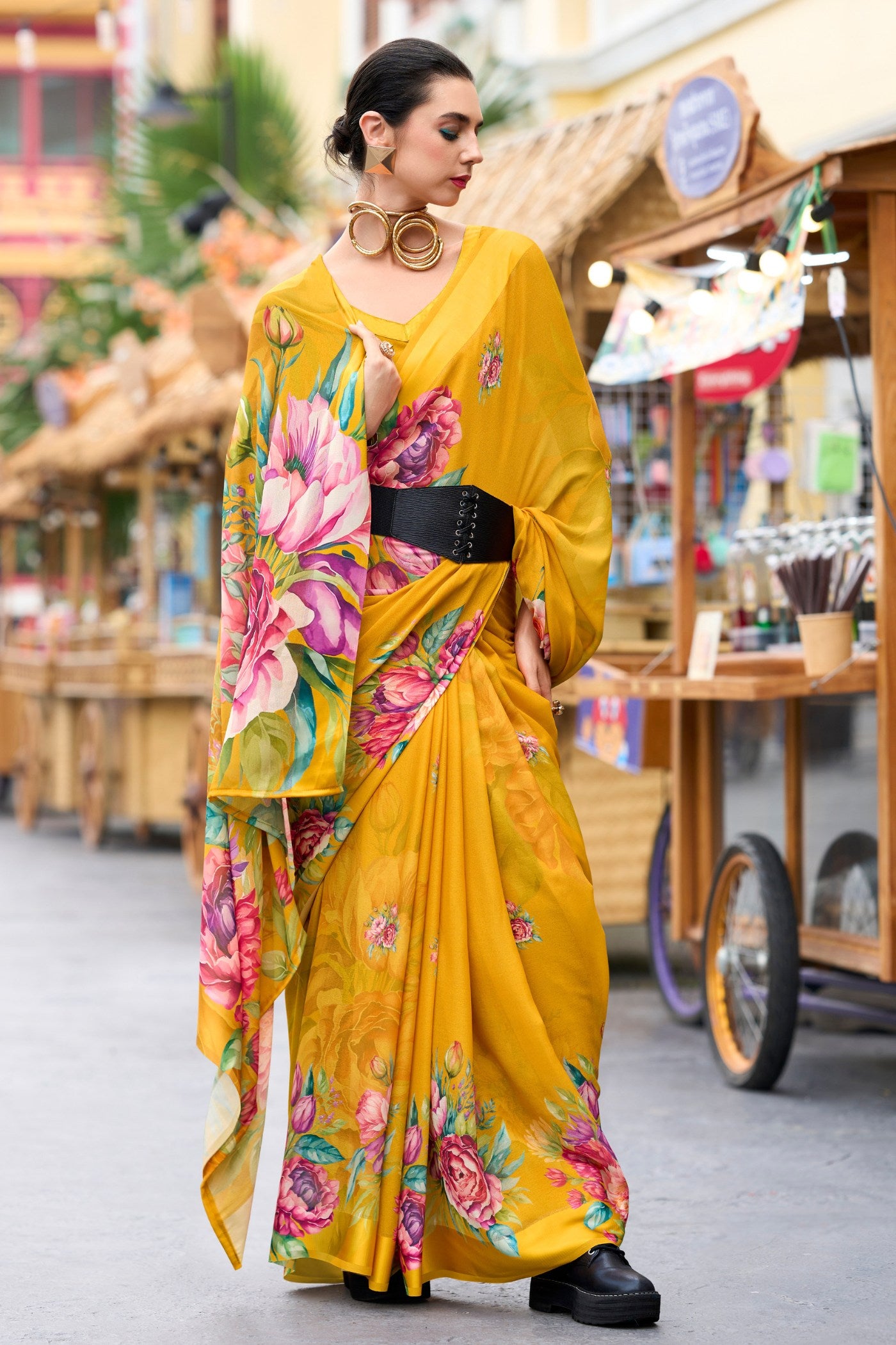 Buy MySilkLove Tree Poppy Yellow Printed Georgette Saree Online