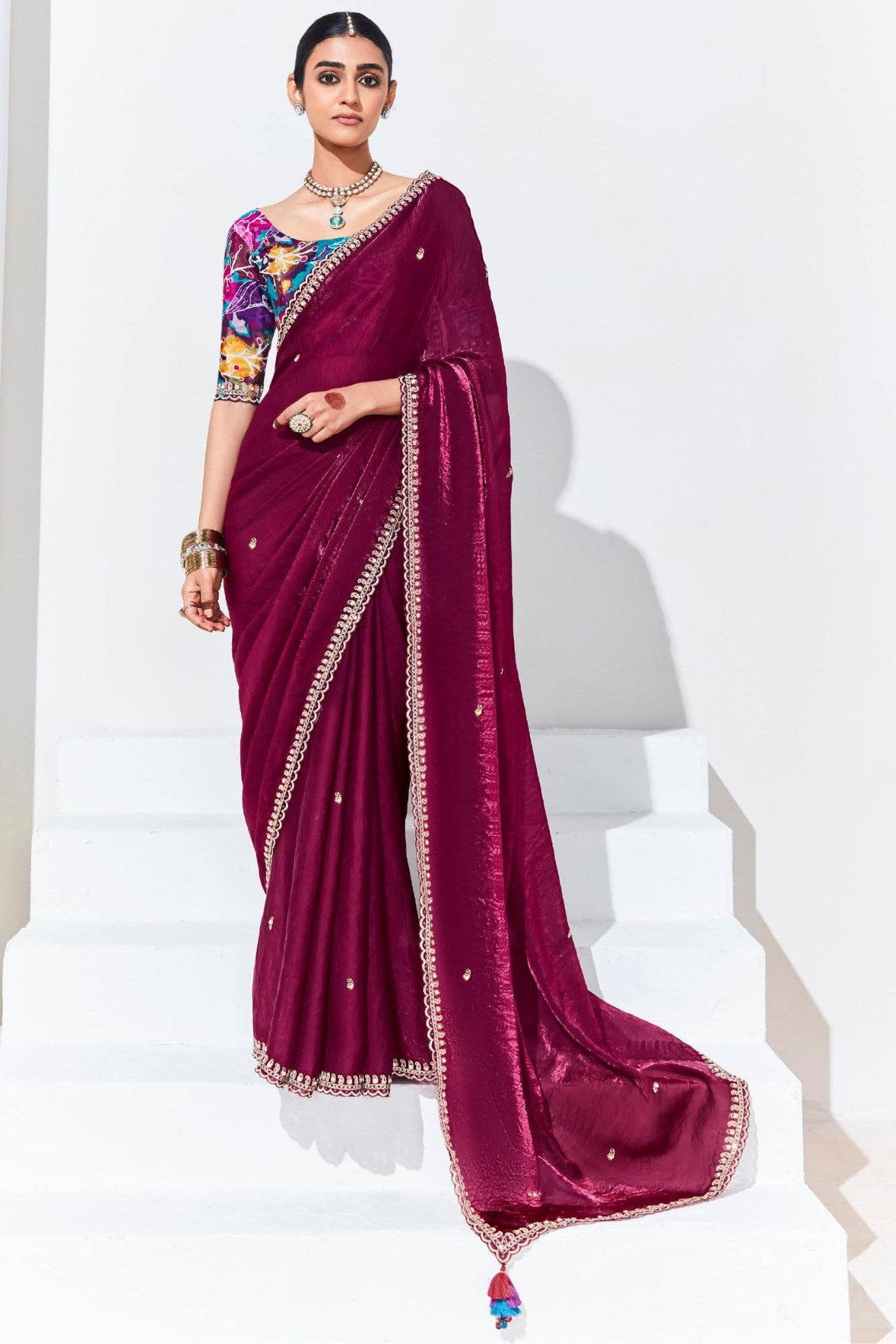 Buy MySilkLove Rose Bud Cherry Maroon Tissue Organza Designer Partywear Saree Online