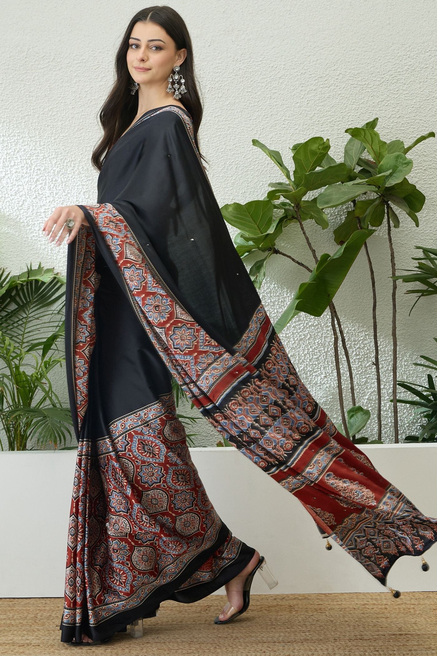 Buy MySilkLove Jet Black and Red Modal Ajrakh Satin Printed Silk Saree Online