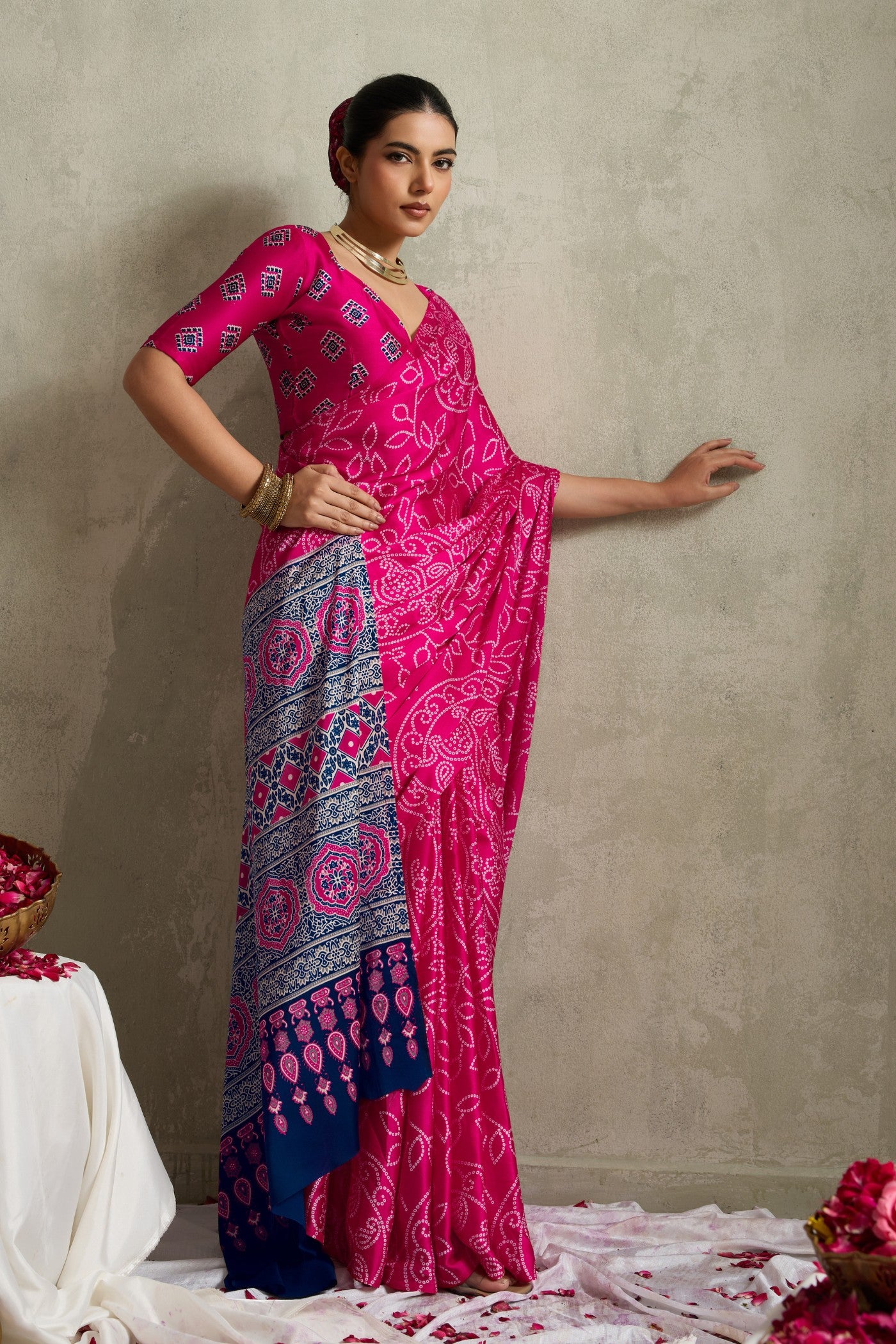 Buy MySilkLove Deep Pink Bandhani Printed Silk Saree Online