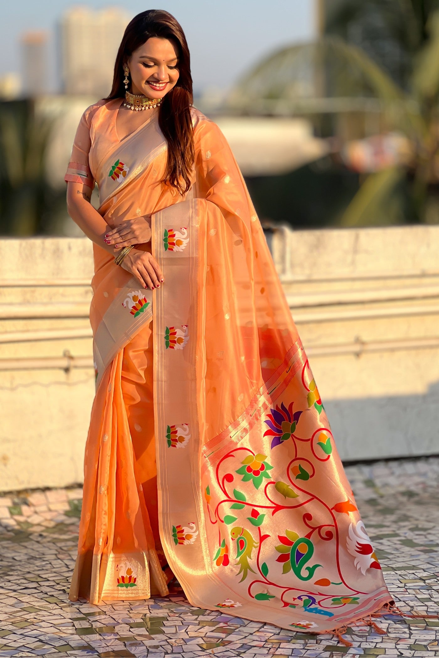 Buy MySilkLove Burnt Orange Organza Woven Paithani Saree Online