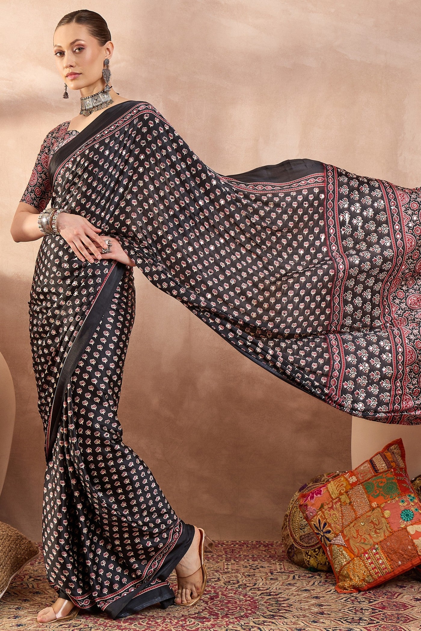 Buy MySilkLove Abbey Black Modal Ajrakh Satin Printed Silk Saree Online