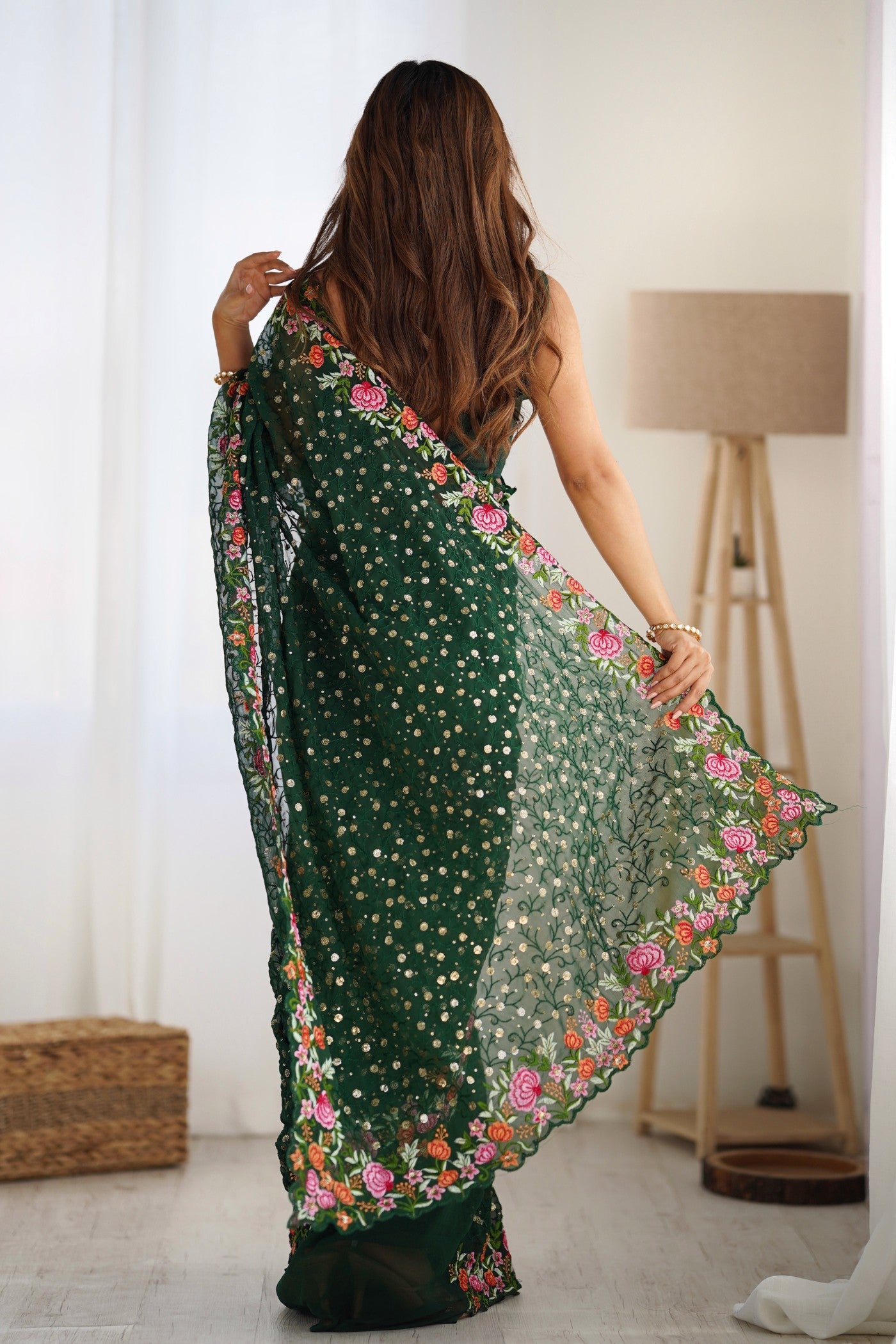 Buy MySilkLove Basil Green Embroidered Georgette Saree Online