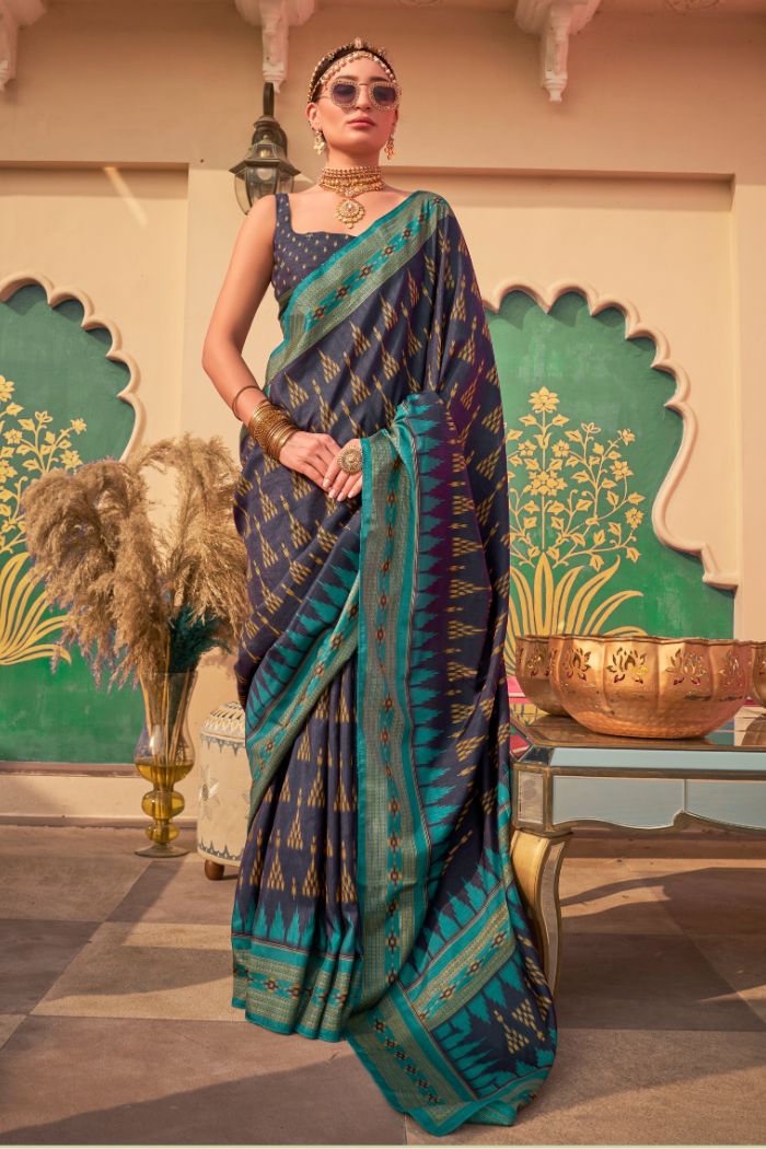 Buy MySilkLove Berry Blue Printed Banarasi Soft Silk Saree Online