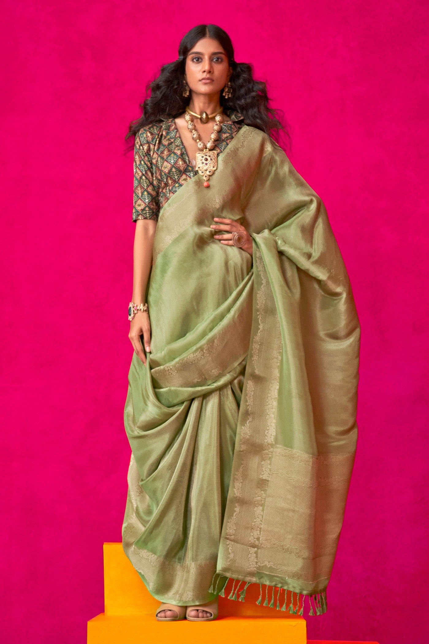 Buy MySilkLove Goblin Green Tissue Silk Saree Online