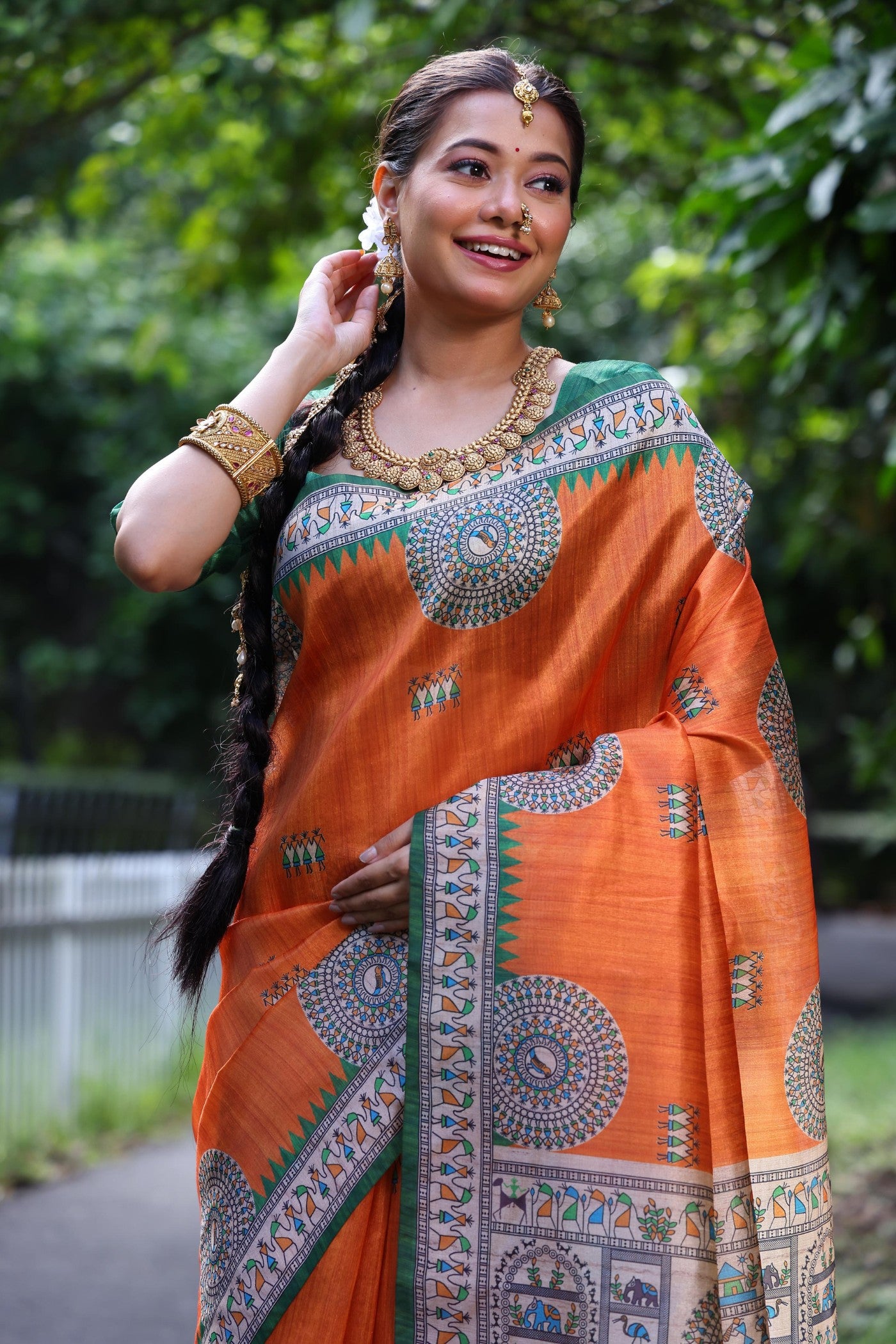 Buy MySilkLove Butterscotch Orange Madhubani Tussar Printed Silk Saree Online
