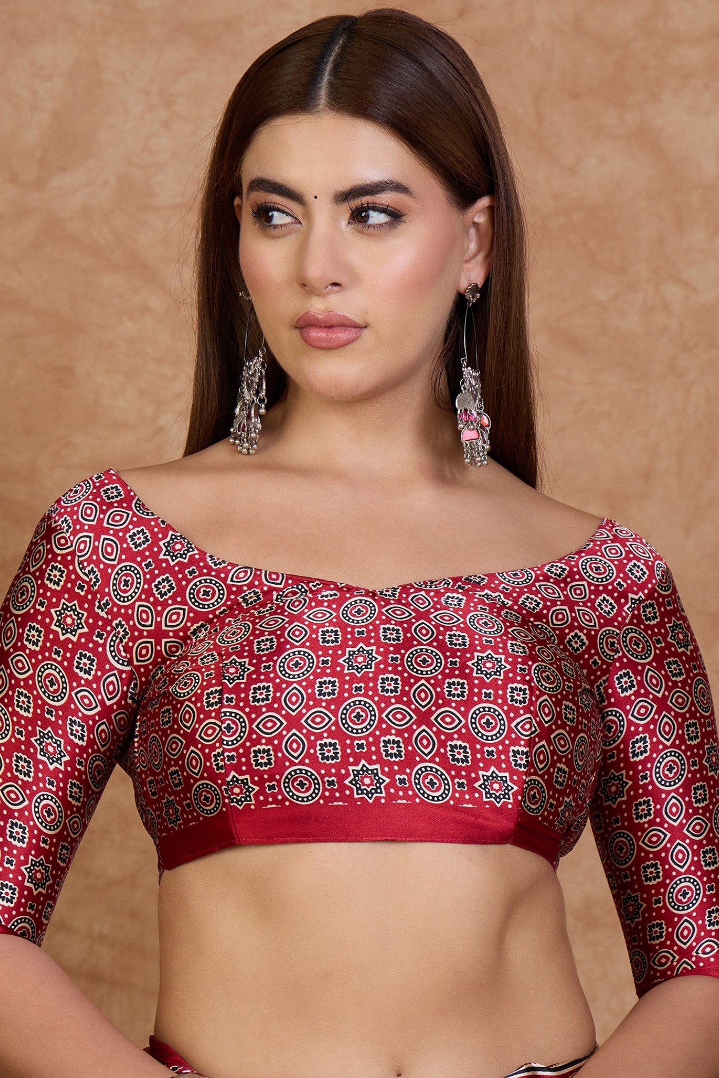 Buy MySilkLove Linen Cream and Red Ajrakh Printed Satin Crepe Silk Saree Online