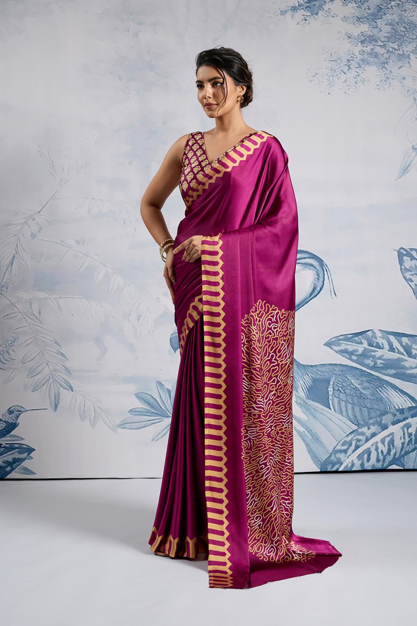 Buy MySilkLove Inked Plum Purple Printed Satin Crepe Silk Saree Online