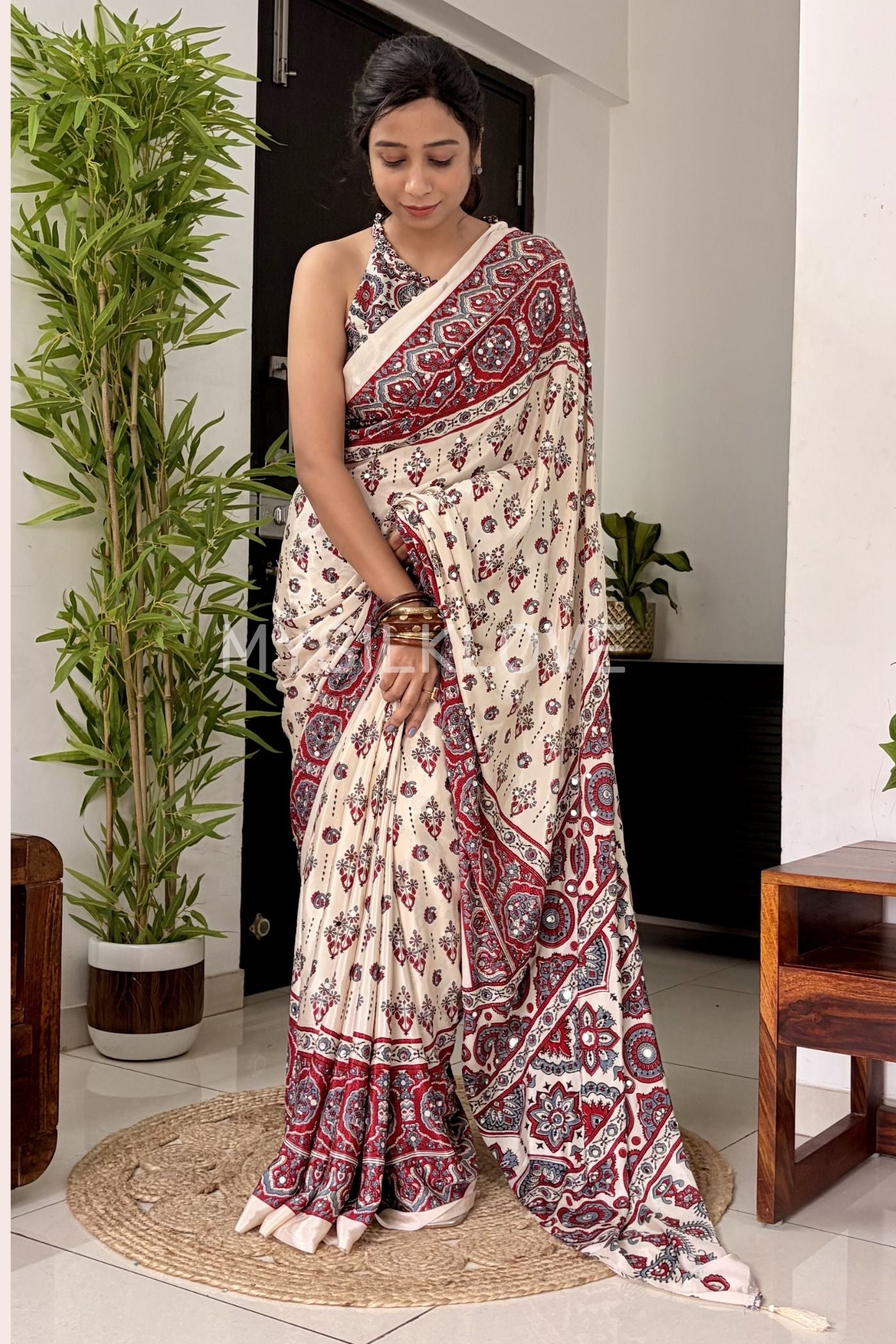 Buy MySilkLove Neutral Beige Modal Ajrakh Satin Printed Mirror Work Saree Online