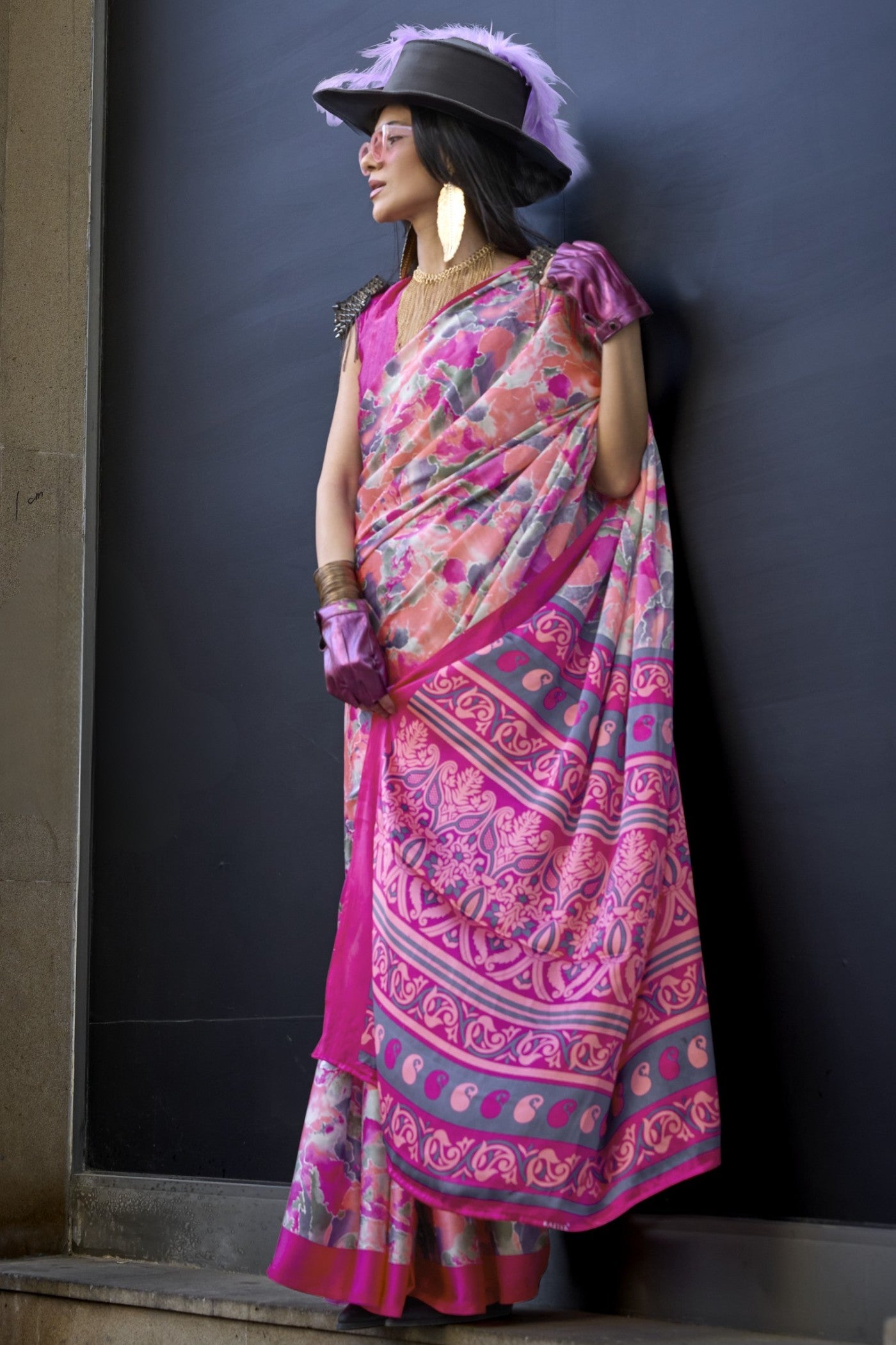 Buy MySilkLove Punch Pink Printed Satin Crepe Silk Saree Online