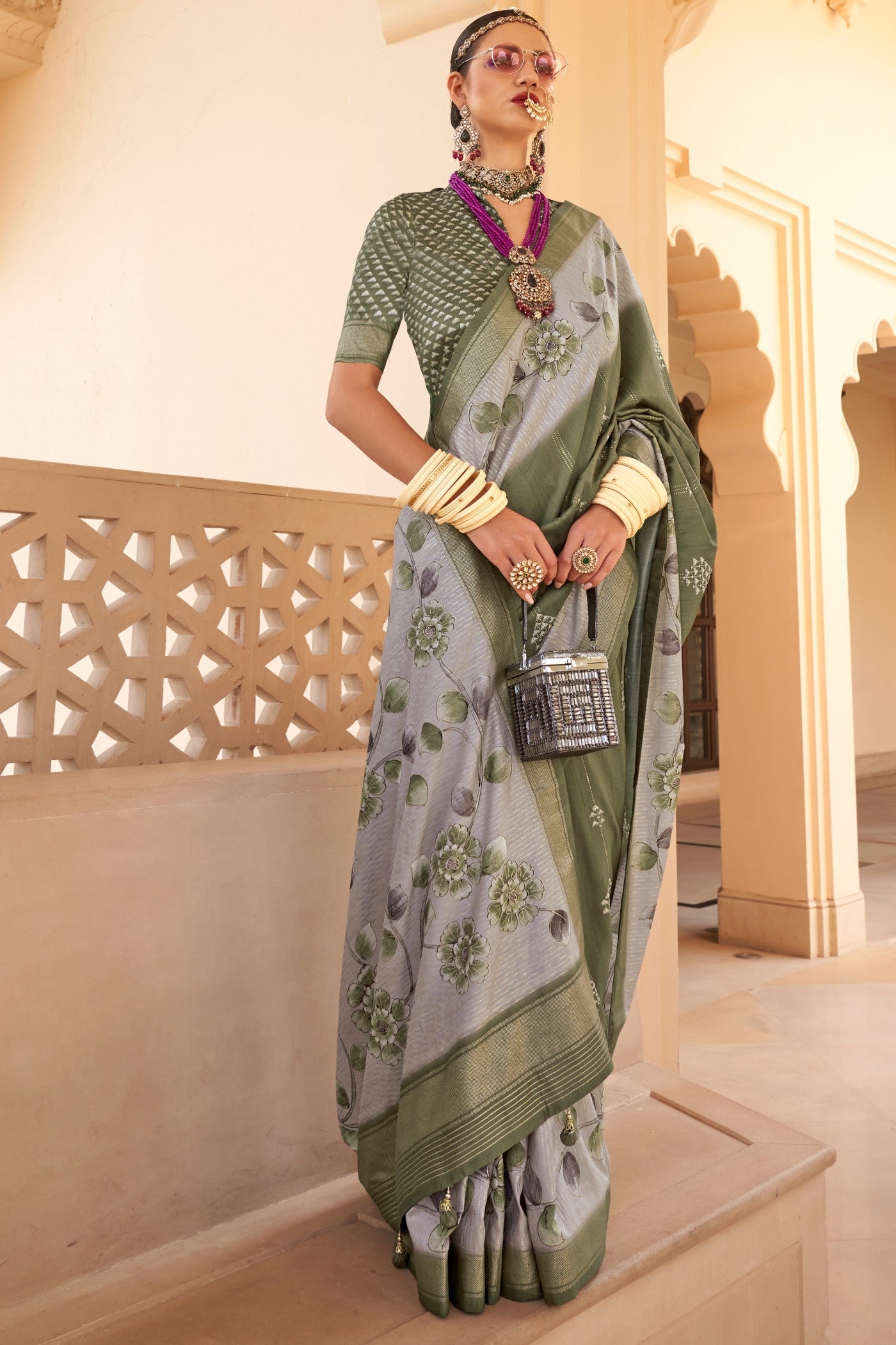 Buy MySilkLove Zorba Grey Floral Printed Banarasi Saree Online