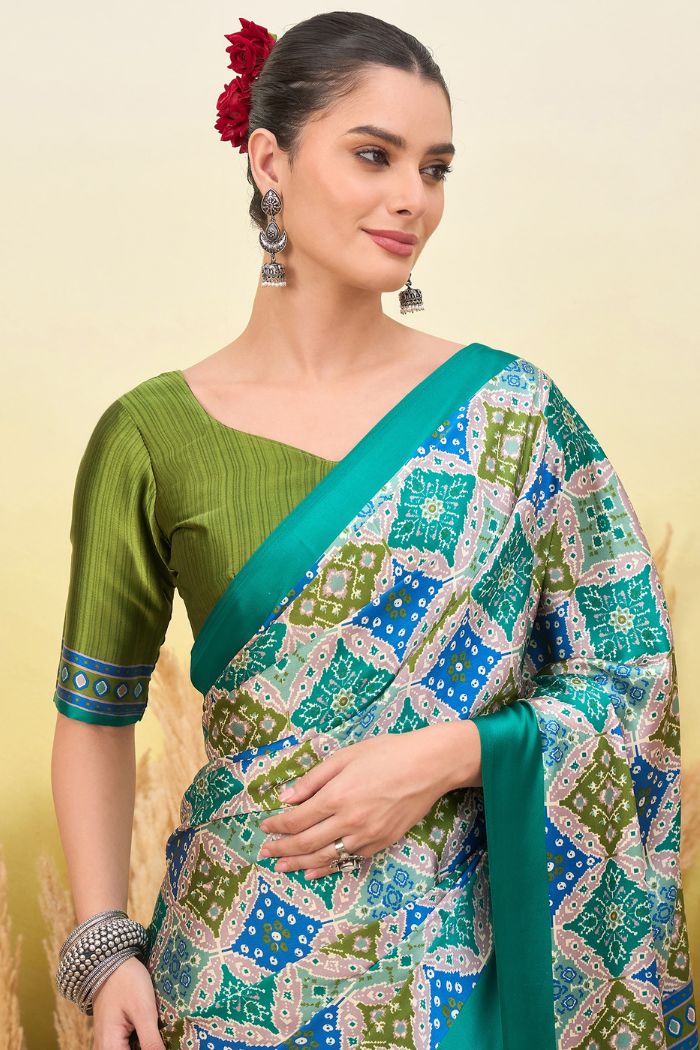 Buy MySilkLove Turquoise Blue Patola Printed Satin Crepe Silk Saree Online