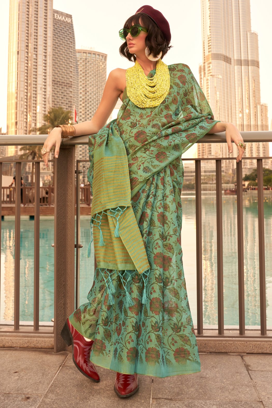 Buy MySilkLove Sage Green Printed Tissue Saree Online