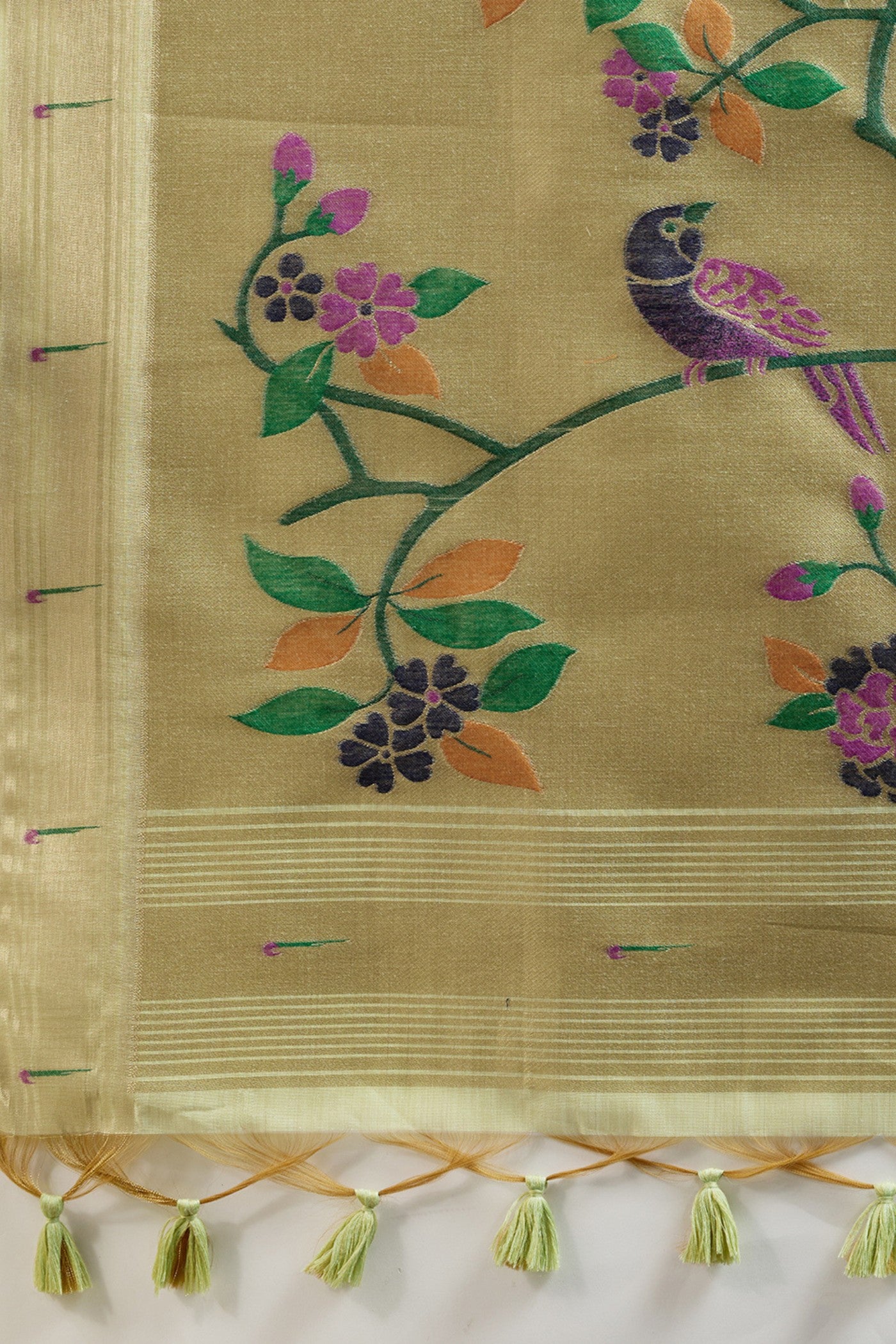 Buy MySilkLove Pear Green Woven Muga Cotton Paithani Saree Online