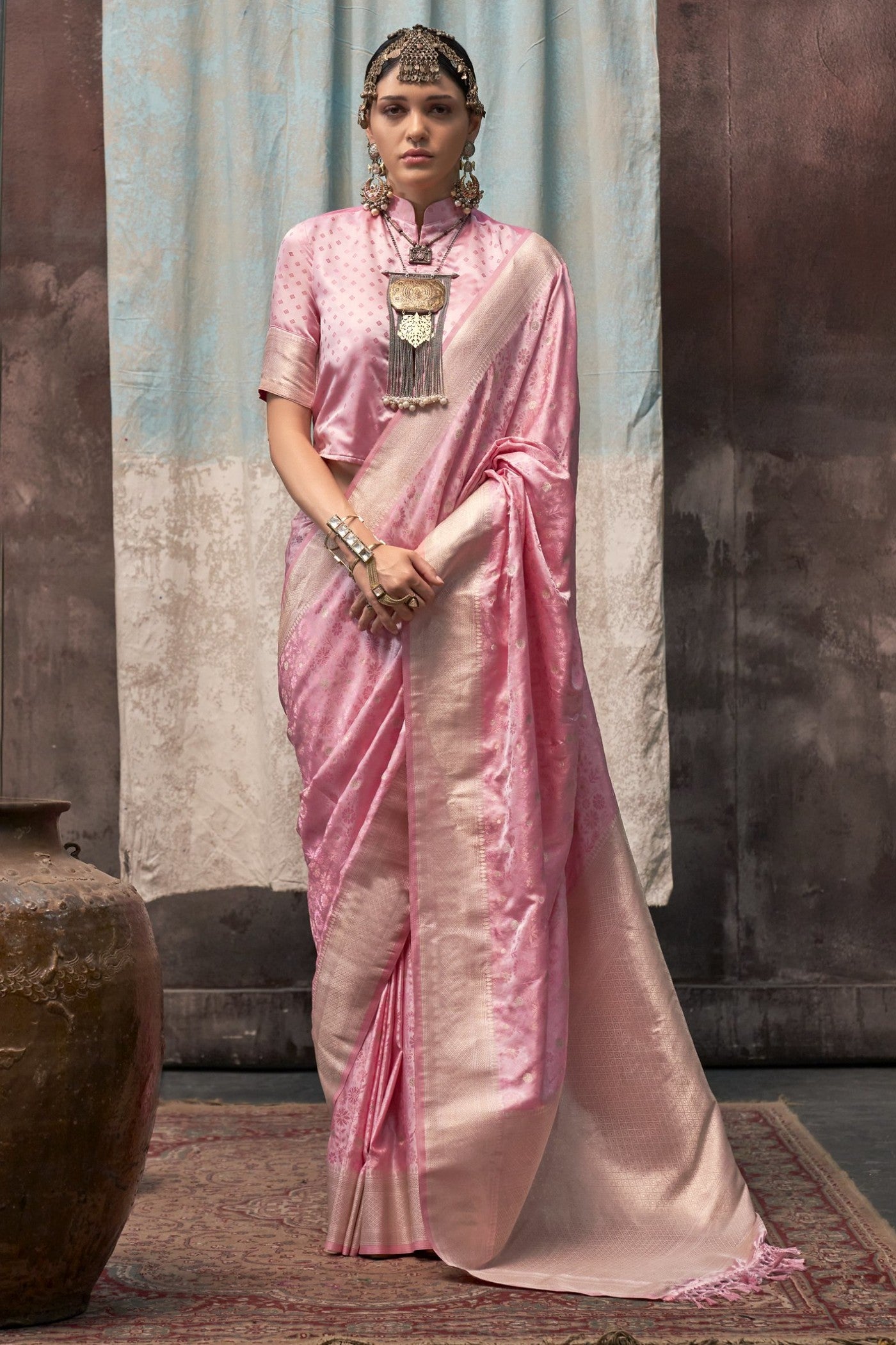 Buy MySilkLove Cupid Pink Banarasi Handloom Saree Online