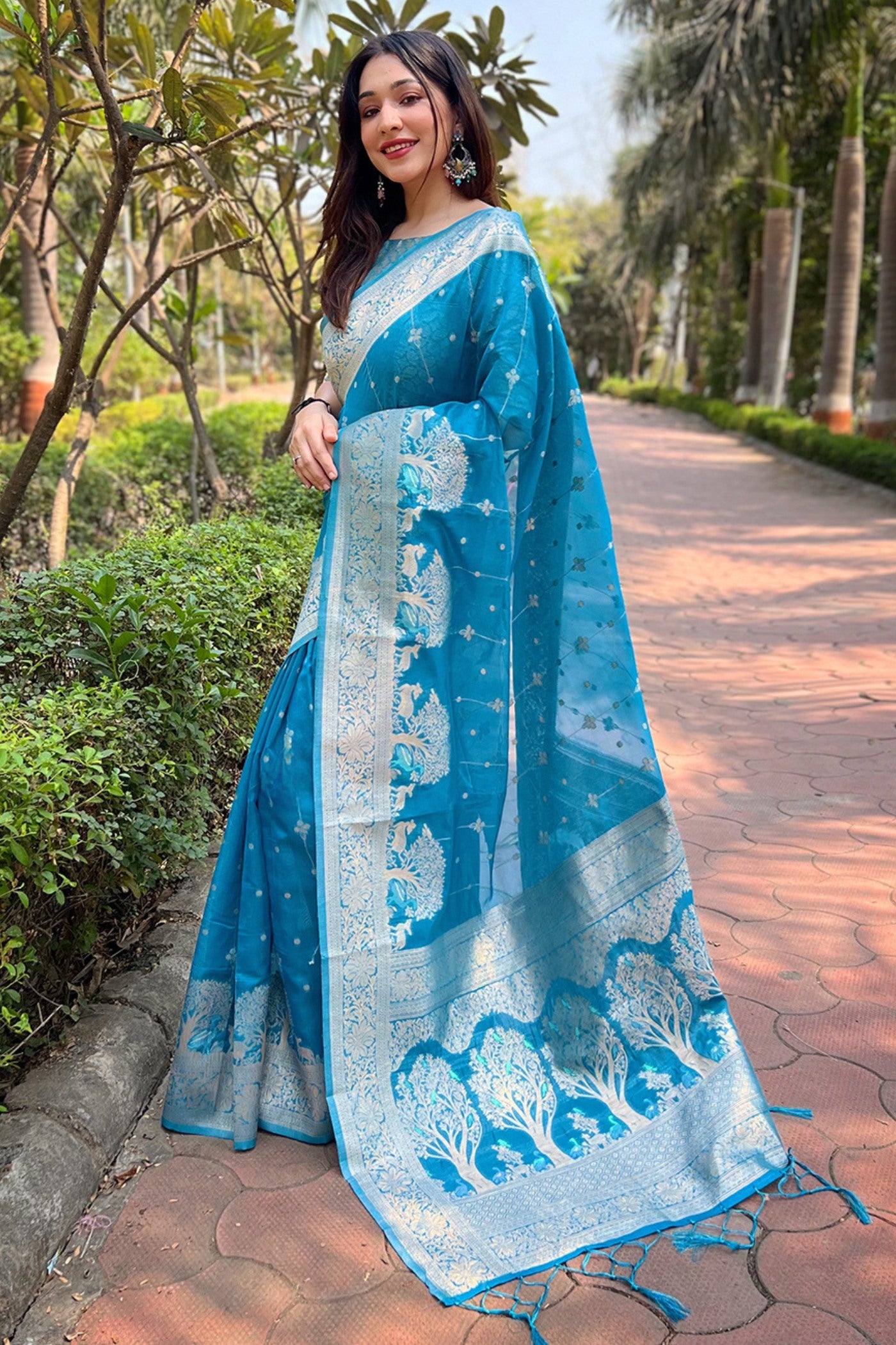 Buy MySilkLove Winter Sky Blue Woven Organza Saree Online