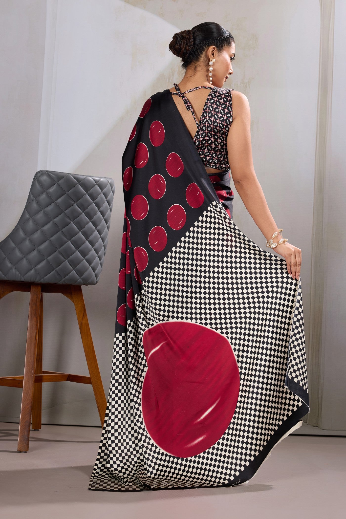 Buy MySilkLove Brink Red Printed Polka Dots Satin Crepe Saree Online
