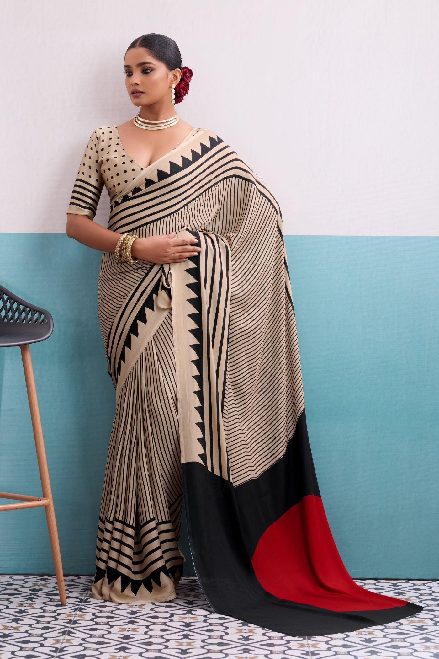 Buy MySilkLove Serenity Cream Stripe Ajrakh Printed Satin Crepe Silk Saree Online