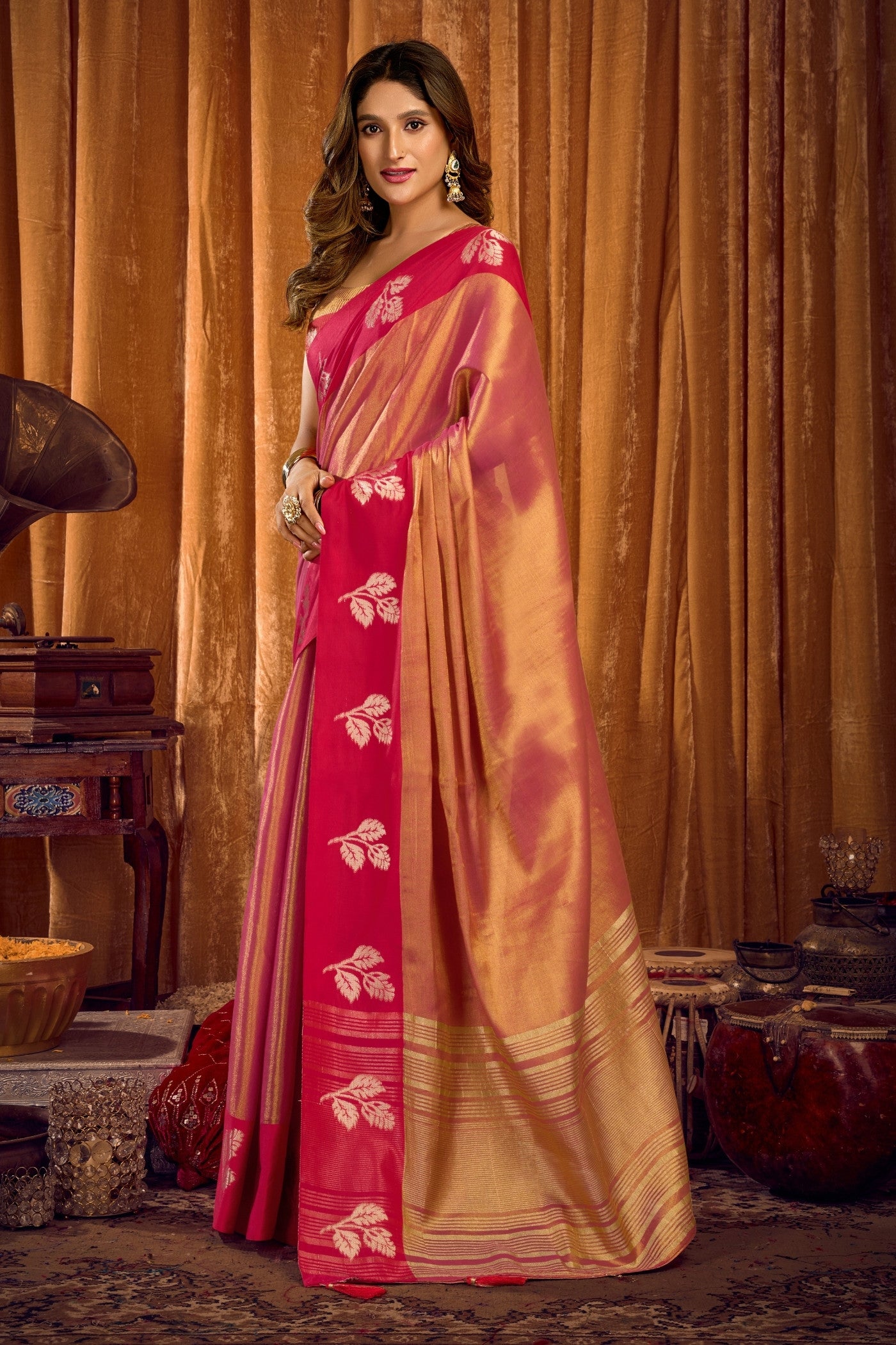 Buy MySilkLove Shiney Peach Woven Tissue Saree Online