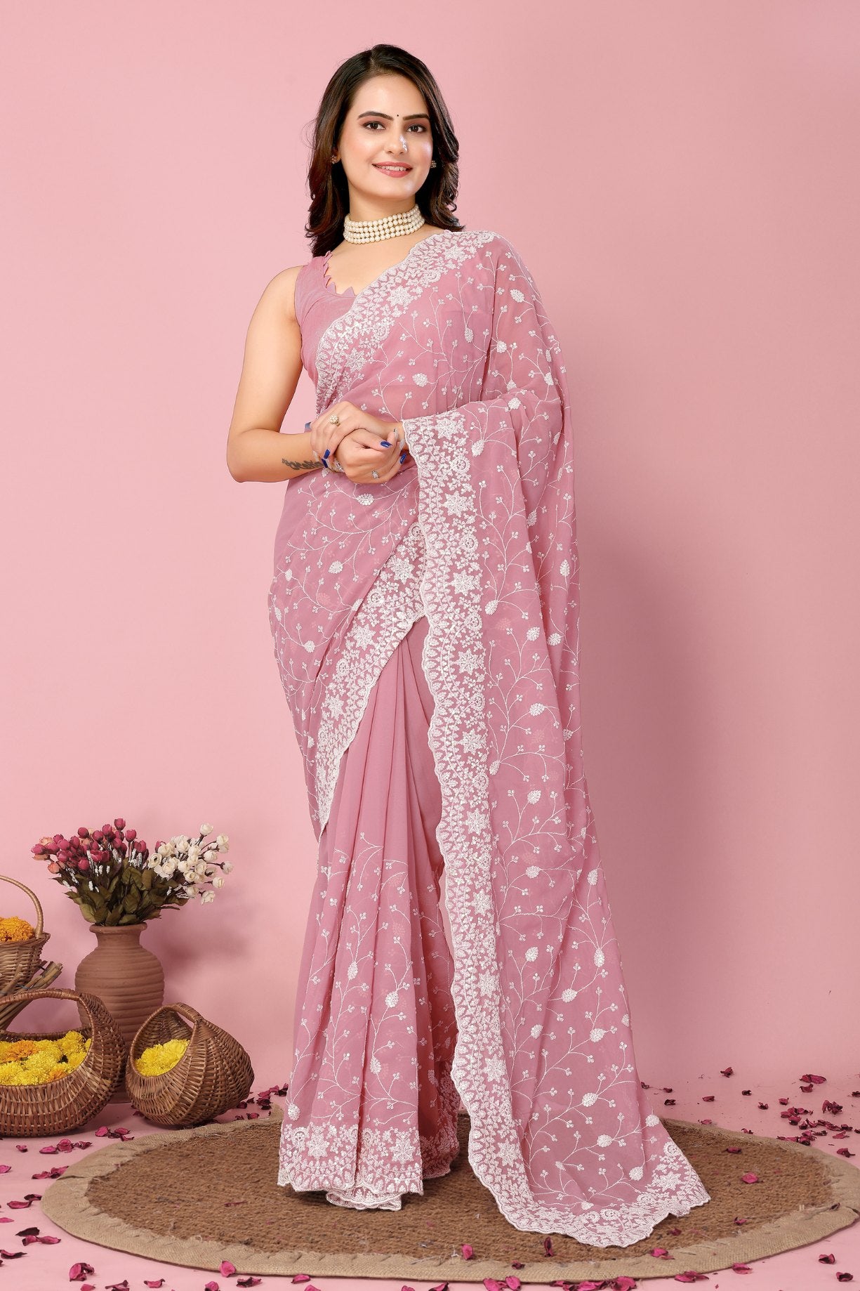 Buy MySilkLove Blossom Pink Georgette Embroidered Silk Saree Online