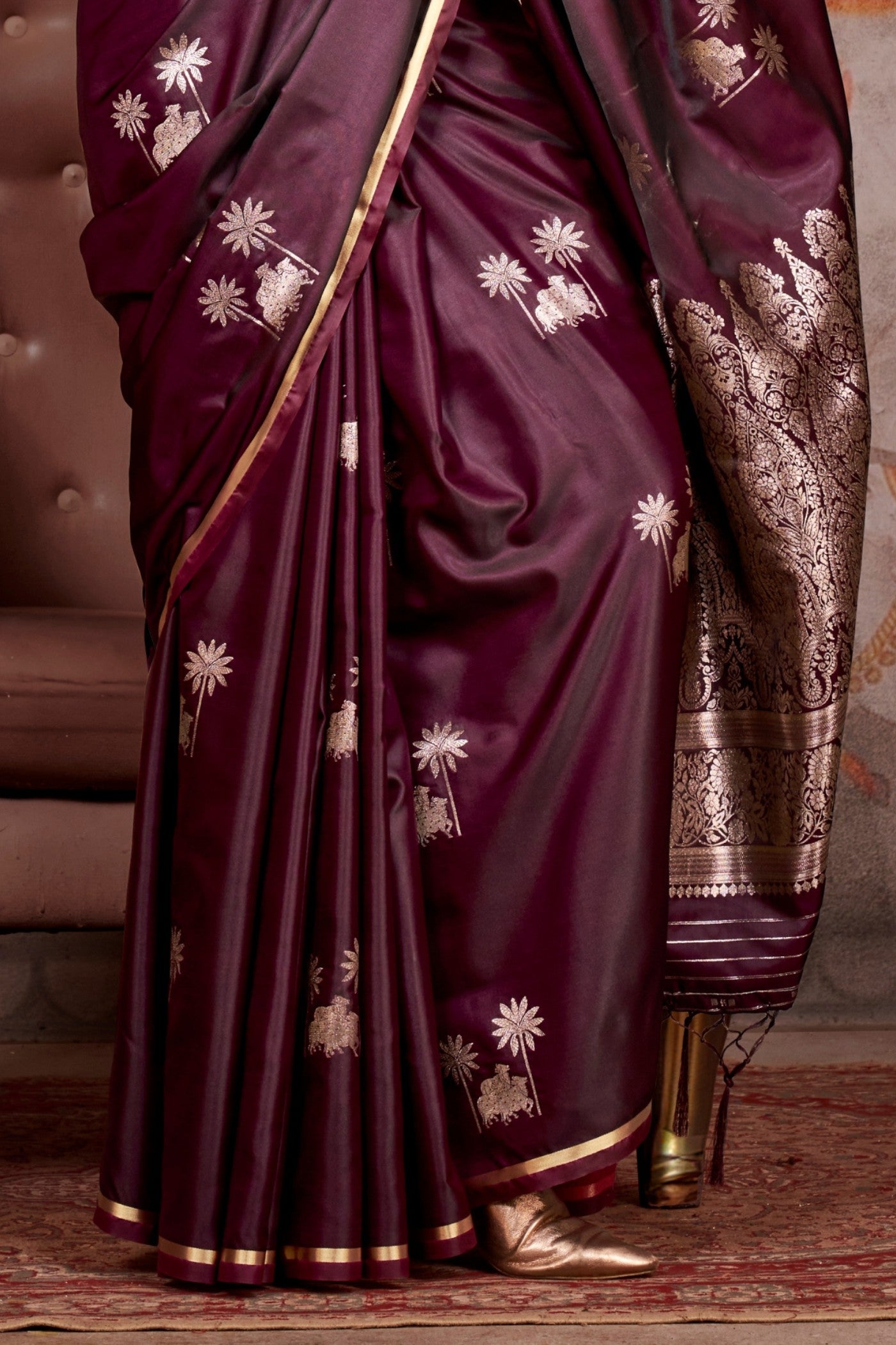 Buy MySilkLove Dark Coco Brown Banarasi Pichwai Satin Saree Online